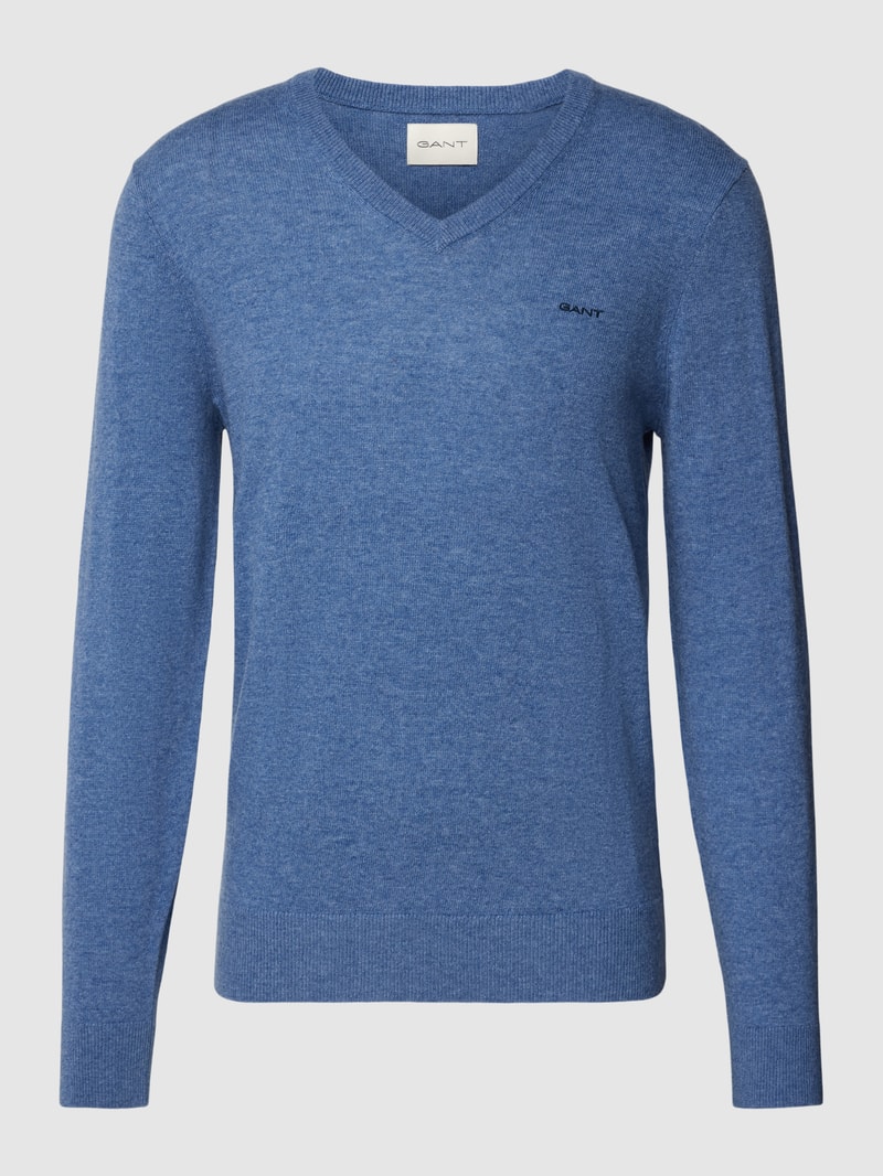 Strickpullover aus Lammwoll-Mix mit V-Ausschnitt in hellblau meliert