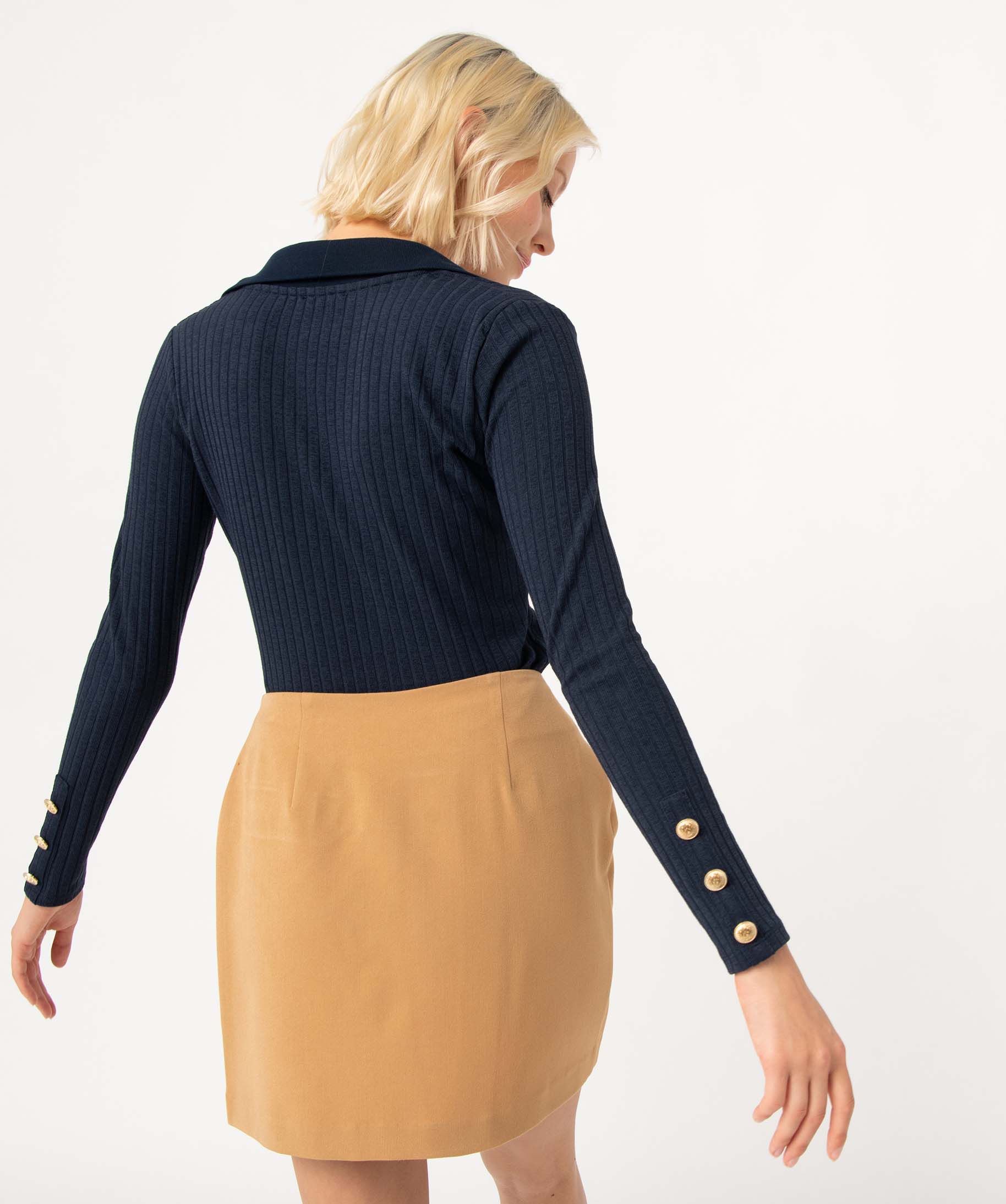 Tee-shirt femme en maille ctelée avec col V marine | GEMO