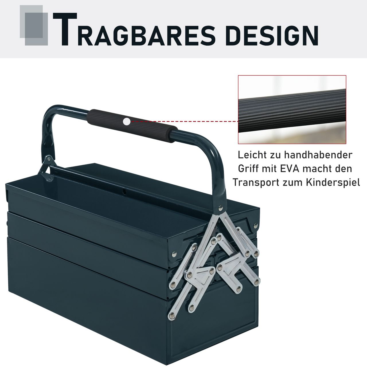 DURHAND Werkzeugkasten Werkzeugkoffer Werkzeugkiste 5 Fächer aufklappbar Stahl (SPCC) Dunkelgrün 45 x 22,5 x 34,5 cm