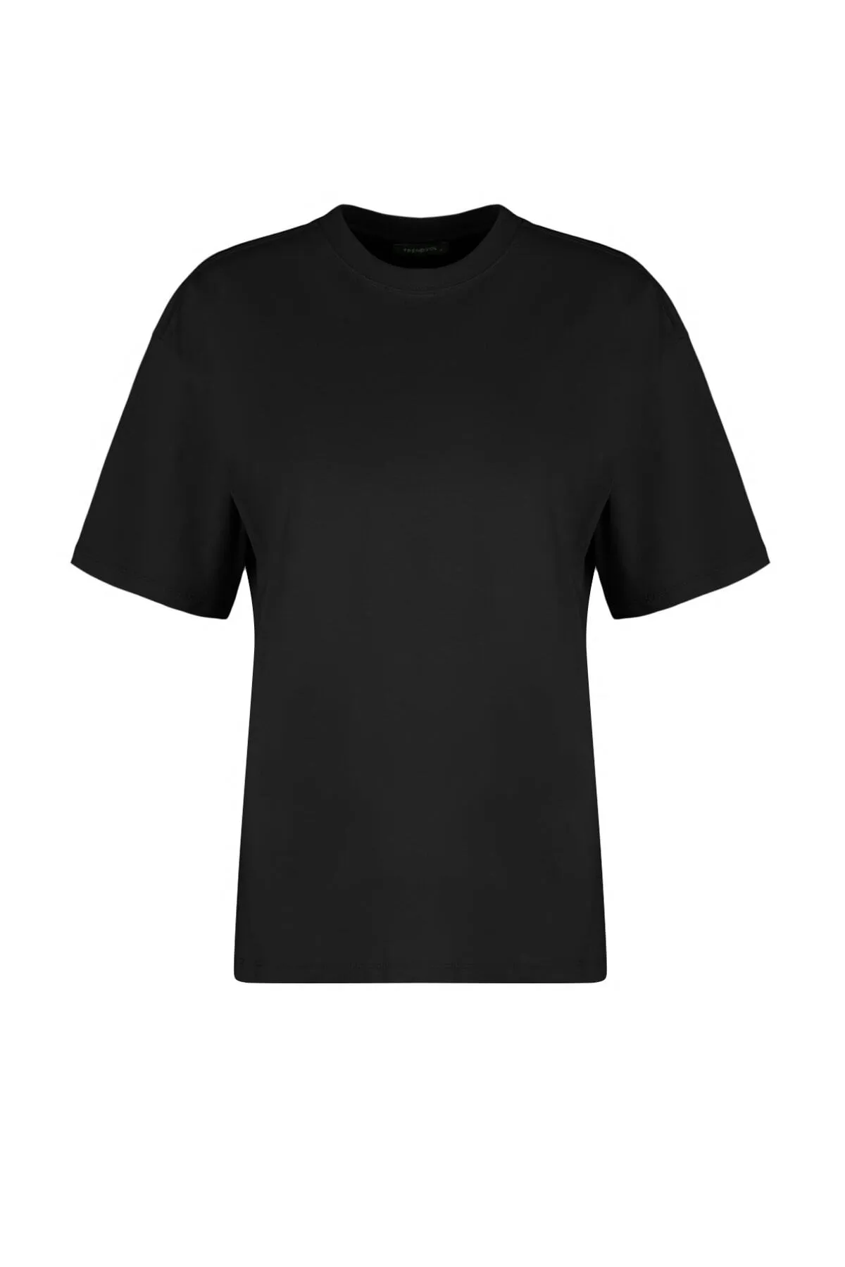 Trendyol Collection  Schwarzes Premium-Strick-T-Shirt mit Rundhalsausschnitt aus 100 % Baumwolle in Übergröße/weiter Passform TWOSS23TS00040