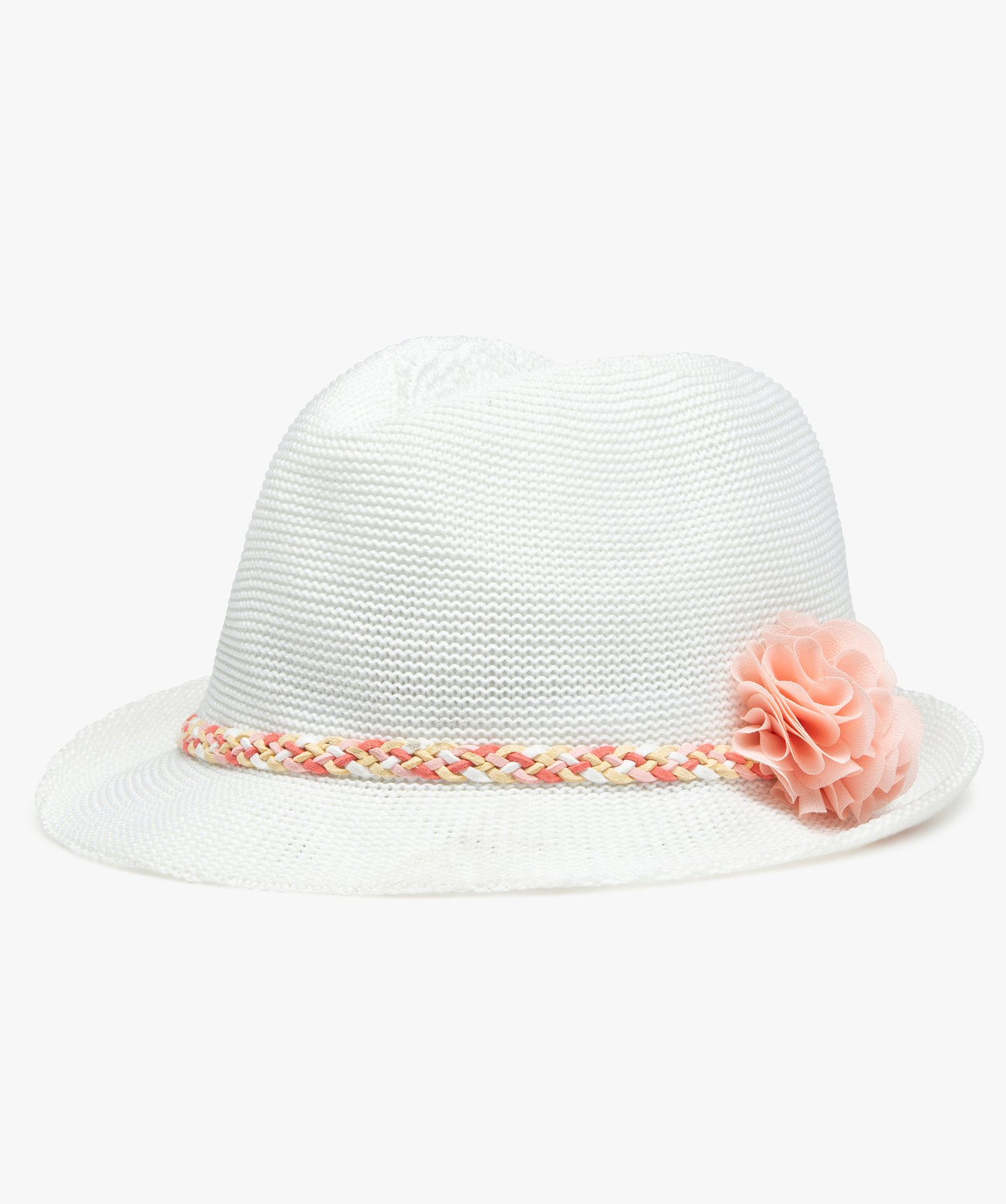 Chapeau fille trilby avec fleur et bande tressée blanc | GEMO