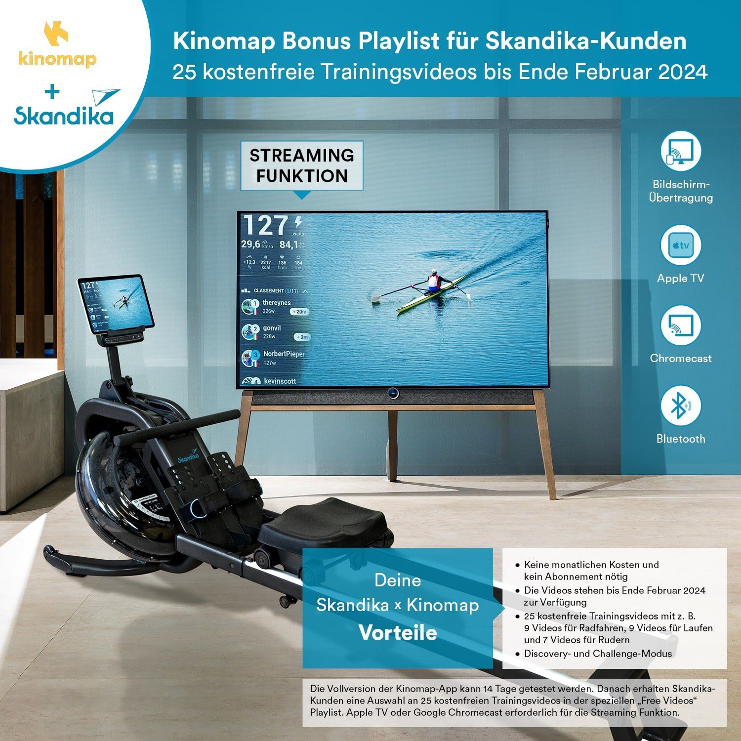 Skandika Rudergerät Nemo IV + Widerstandsbänder, Wasser Rudergerät mit Kinomap und Tablet Halterung
