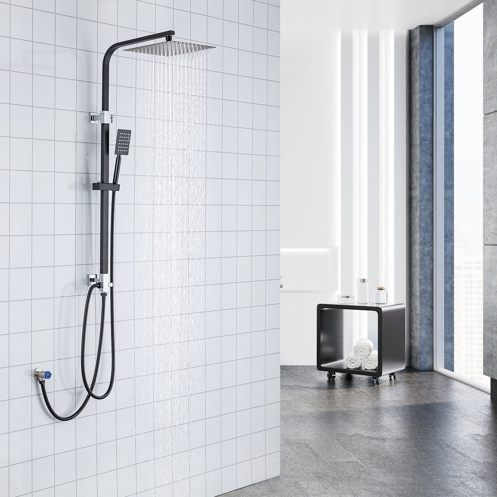 Auralum Brausegarnitur Duschsystem Duschstange mit Regendusche höhenverstellbar Duschset, Schwarz, Duschsäule, mit Handbrause