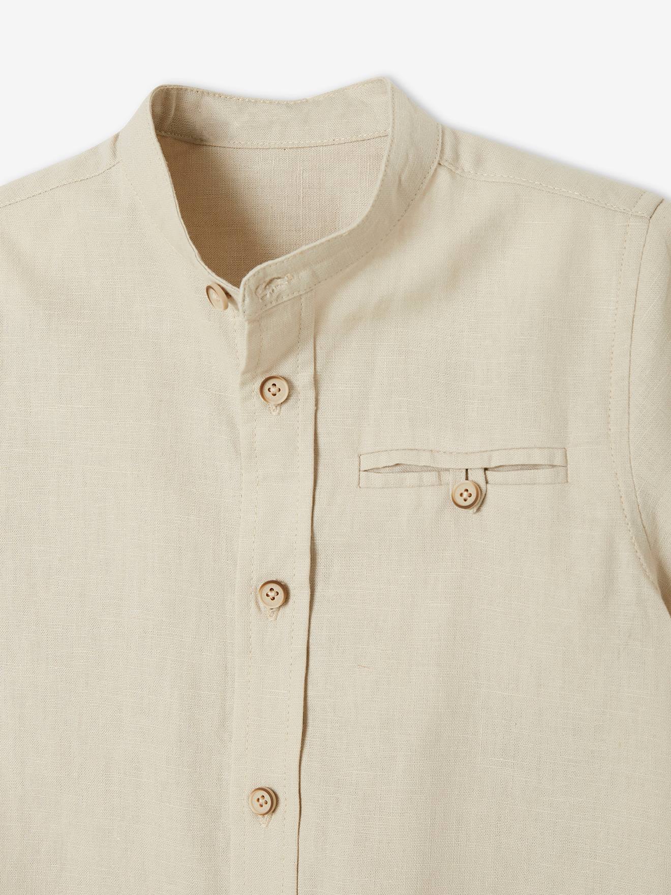 Chemise col Mao garçon en coton/ lin manches courtes blanc