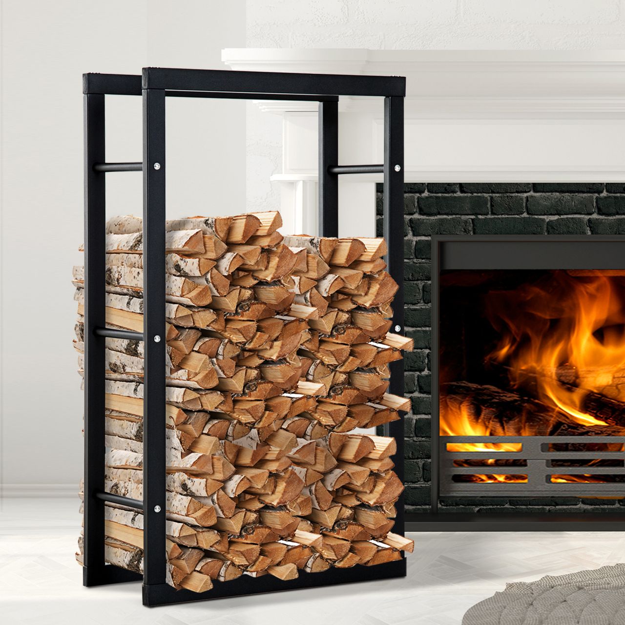Outsunny HOMCOM Kaminholzständer Kaminholzablage Feuerholzregal Kaminholzhalter 100kg Stahl Schwarz L60 x B25 x H100 cm