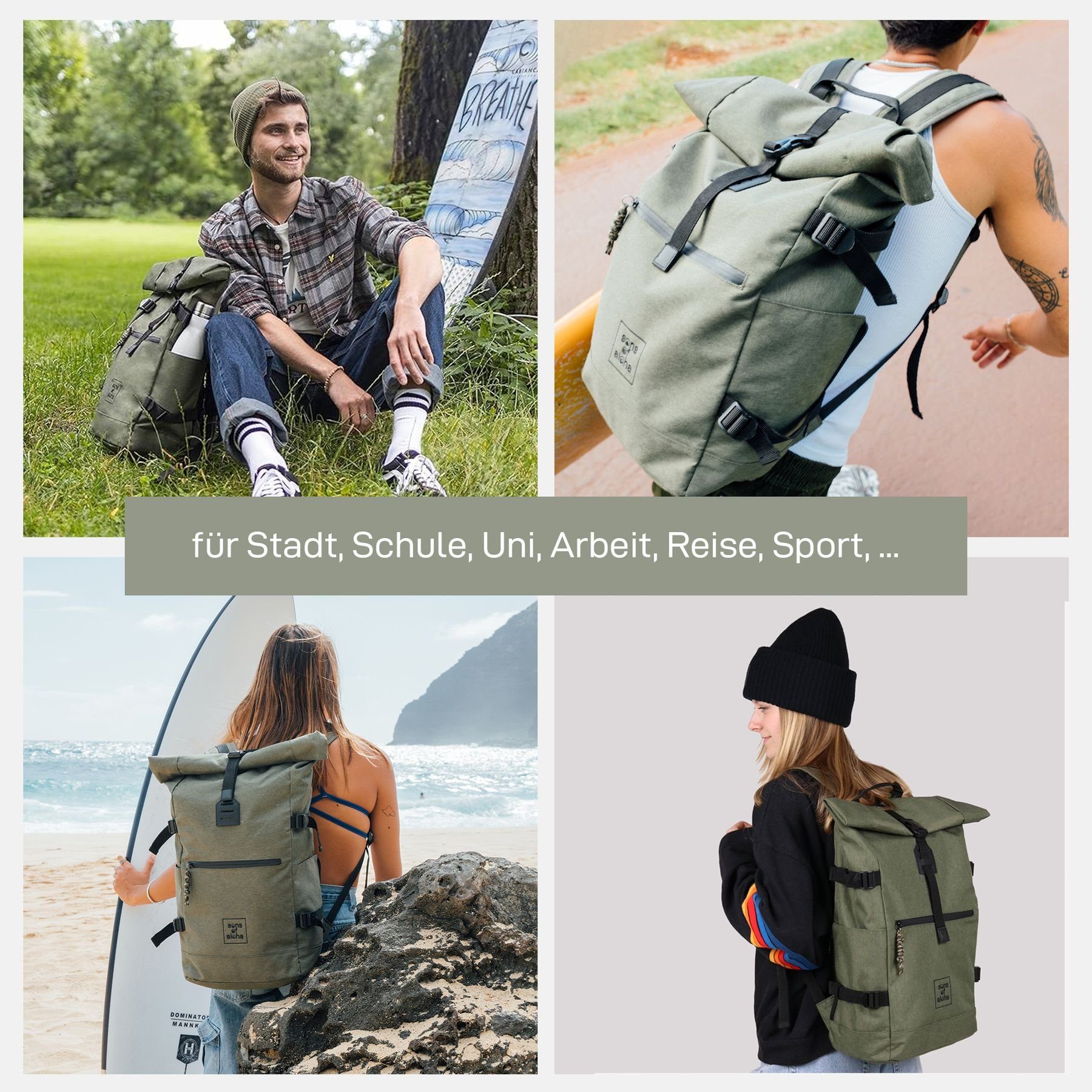 SONS OF ALOHA Rucksack RollTop Rucksack XL Kane, Tagesrucksack Laptopfach aus recyceltem Plastik, Daypack viele Fächer
