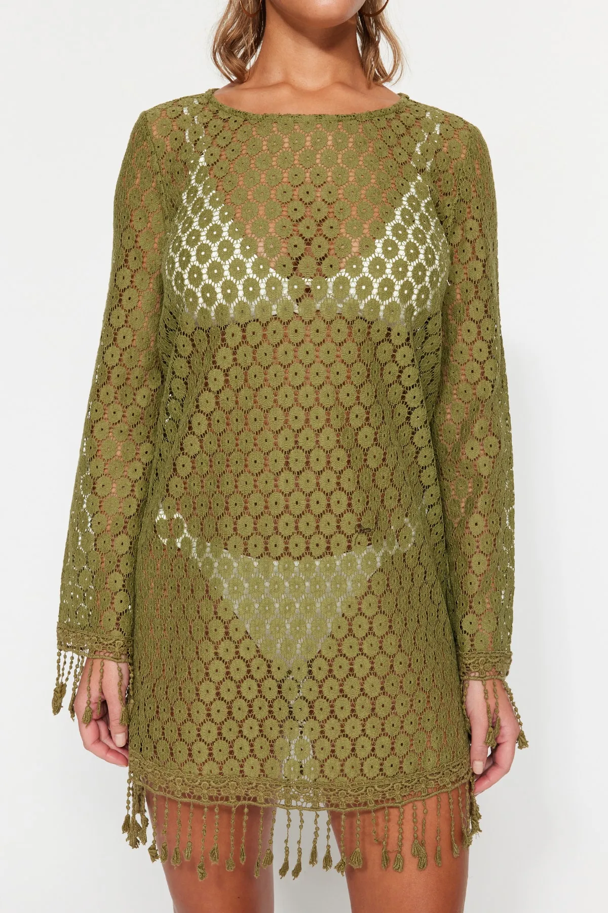 Trendyol Collection  Khakifarbenes, gestricktes Mini-Strandkleid mit Quasten TBESS23EL00170