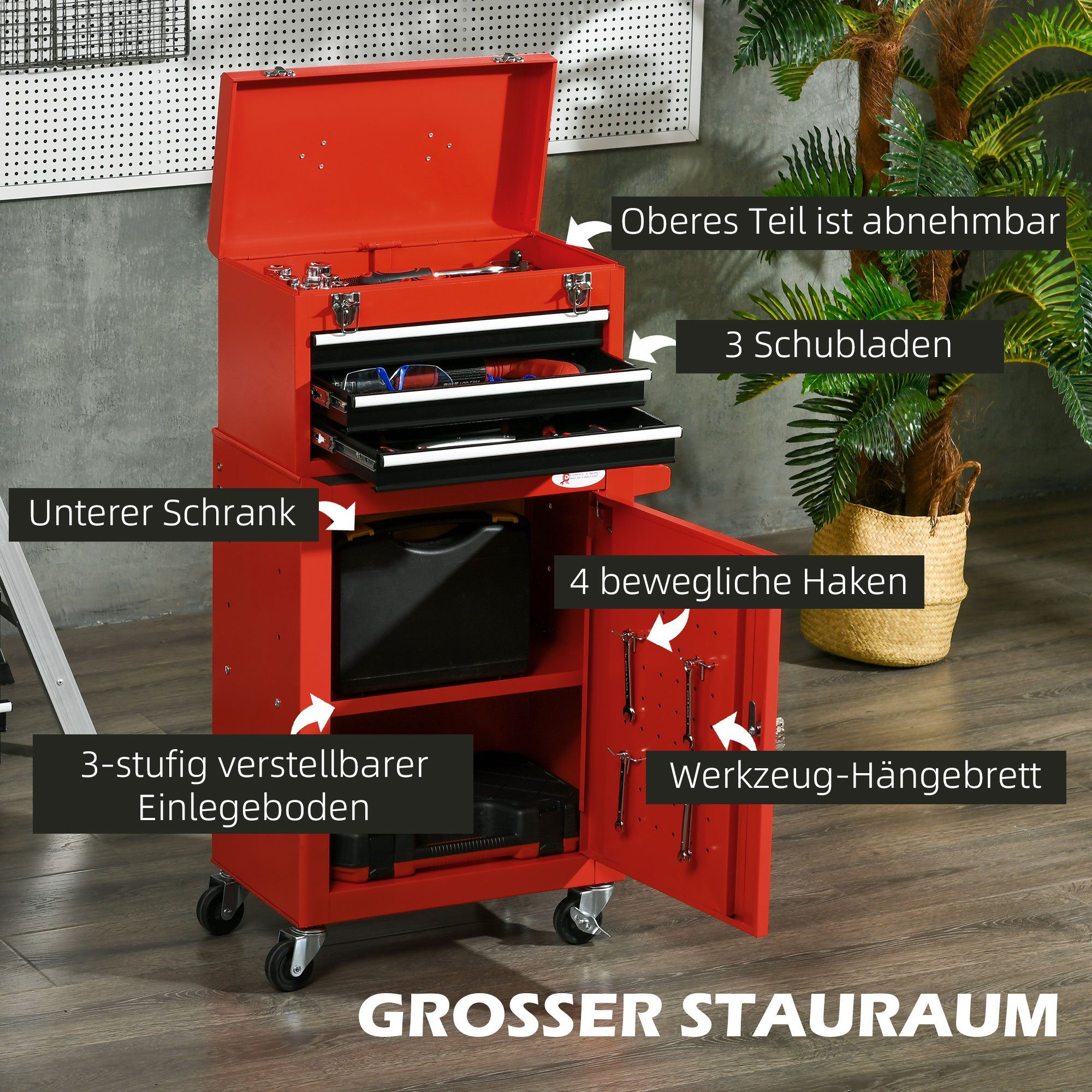 Durhand Werkzeugwagen Werkzeugschrank, Werkzeugkasten Set mit 3 Schubladen, leer, max. Traglast:40 kg, 1-tlg. Werkzeugset, (Werkzeugkiste Set, 1-tlg., Werkzeugkoffer Set), 3-stufig verstellbar