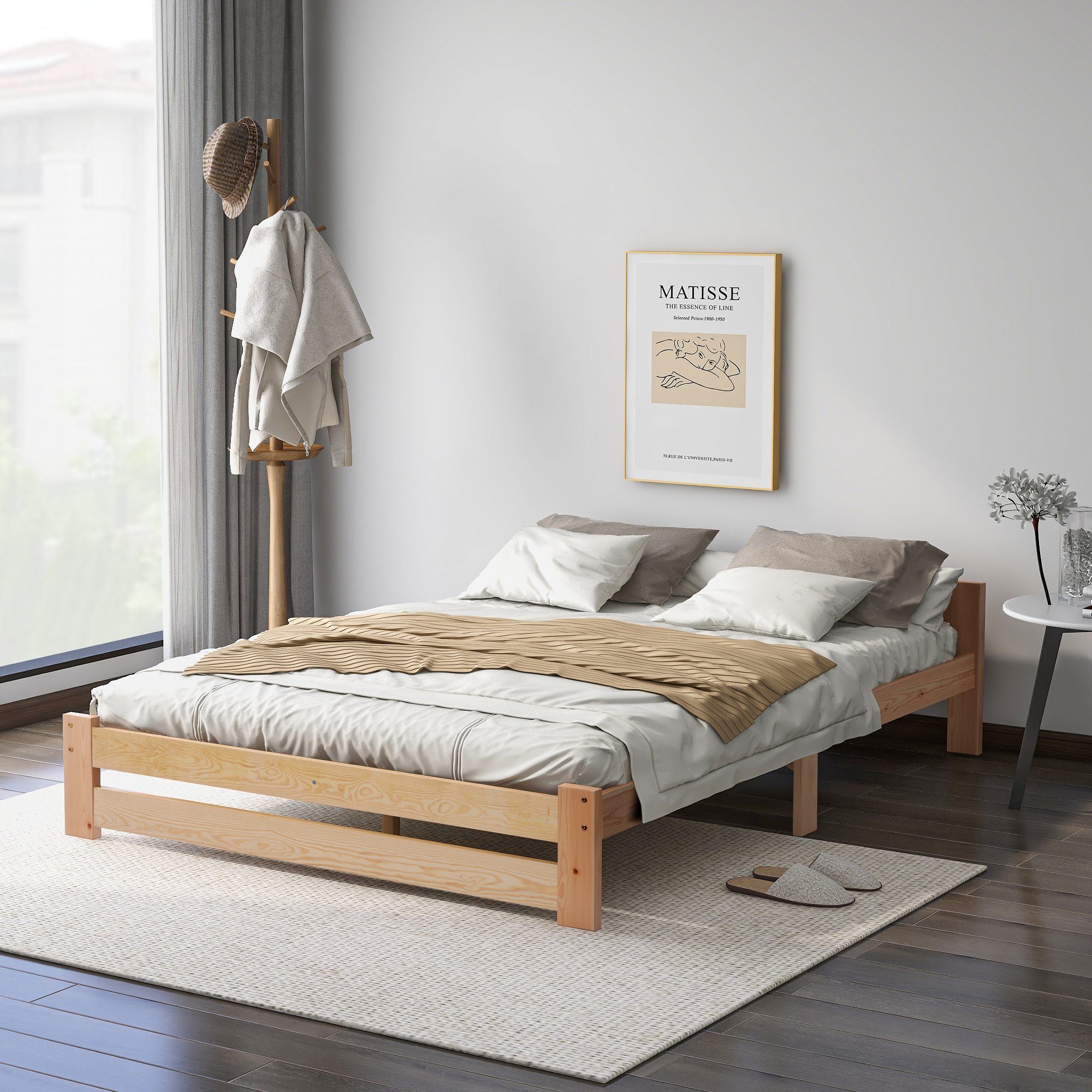 BlingBin Holzbett Futonbett Einzelbett Massivholz mit Kopfteil Lattenrost 140x200cm (Massivholz Natur Bett, Natur), Massivholz, in zwei Größen erhältlich