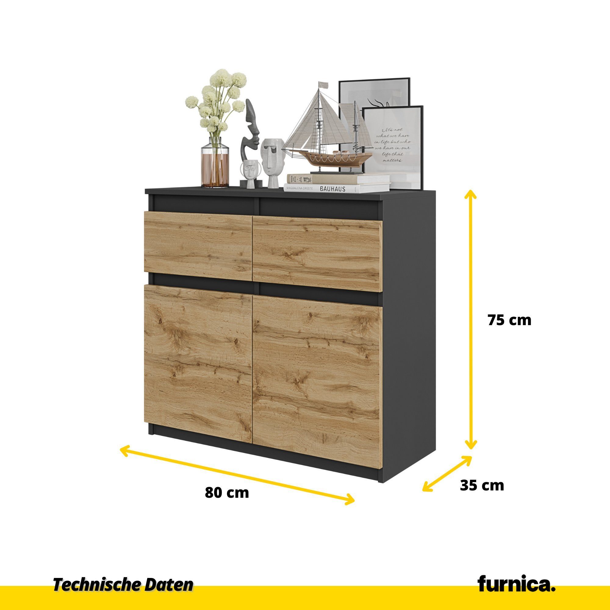Furnica Kommode NOAH 2 Schubladen und 2 Türen - Anthrazit Grau H75cm B80cm T35cm (1 St)