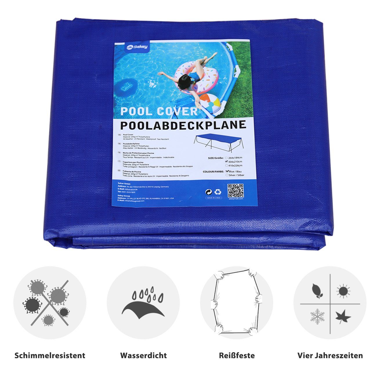 Sekey Pool-Abdeckplane Pool-Abdeckplane PE, für rechteckige Pools, in verschiedenen Größen, Für Frame Pool 300 x 200 cm / 400 x 211 cm Rectangular Poolabdeckplane
