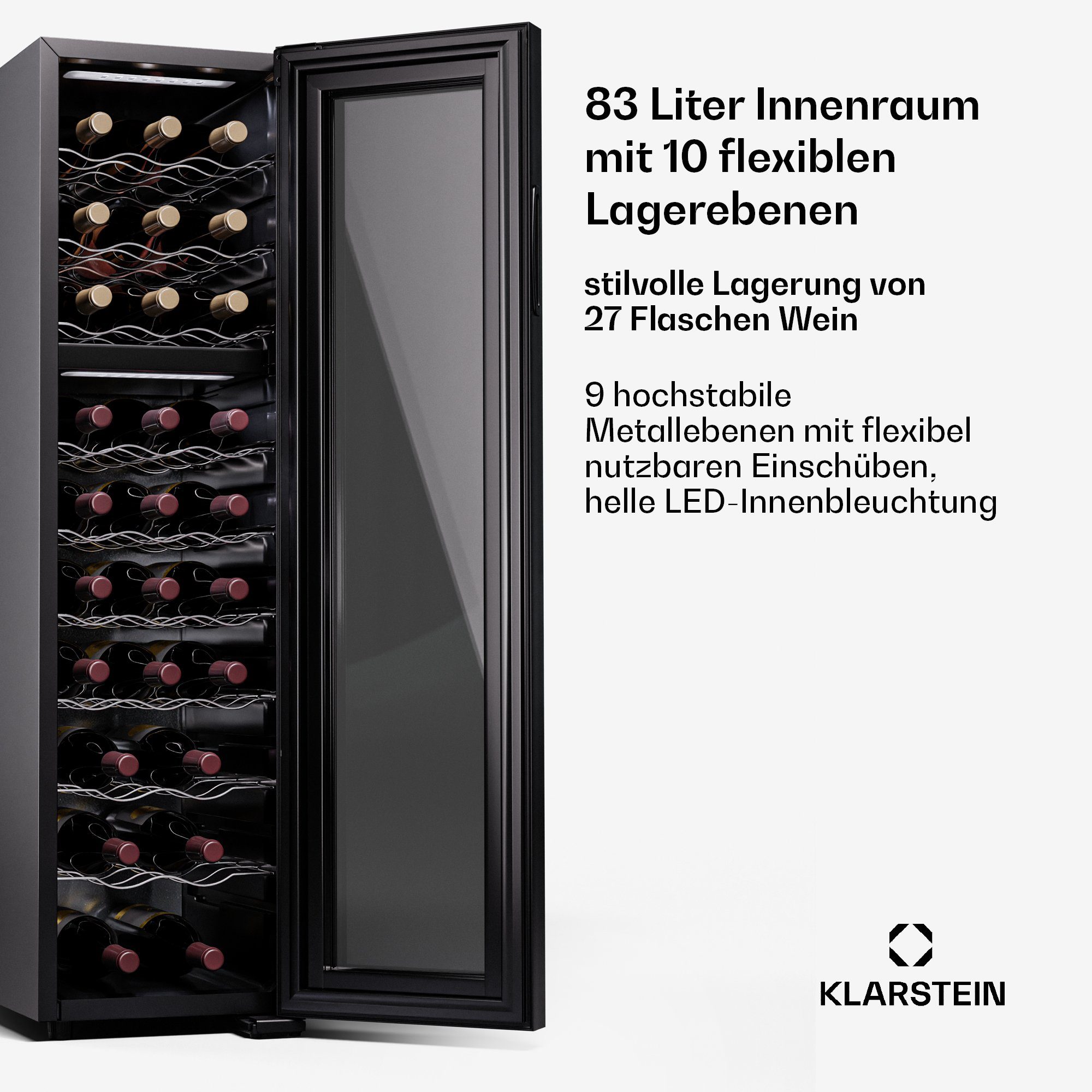 Klarstein Weinkühlschrank Shiraz 27 Duo, für 27 Standardflaschen á 0,75l,Wein Flaschenkühlschrank Weintemperierschrank Weinschrank Kühlschrank