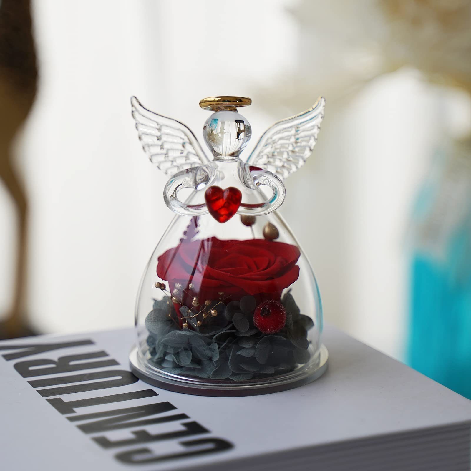 Kunstblume Ewige Rose Engel Geschenke, Forever Rose im Glas Engel Figur, AKKEE, Rosen Geschenke zum Muttertag, Valentinstag für Sie Mama Oma