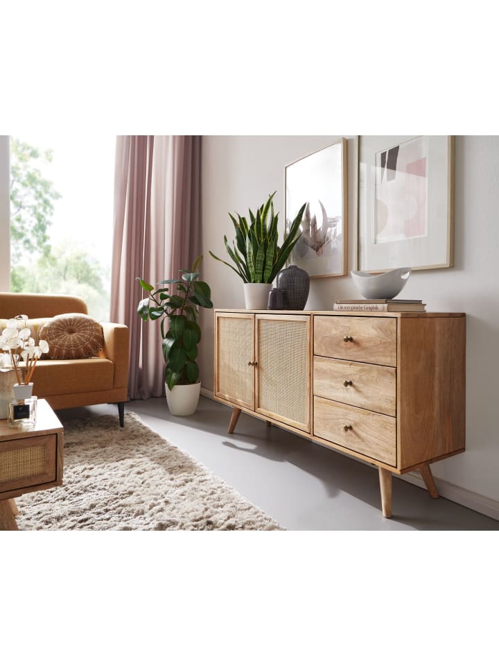 KADIMA DESIGN Design Sideboard 140x75x40 cm Mango Massivholz / Rattan, Kommode 3 günstig kaufen onesize