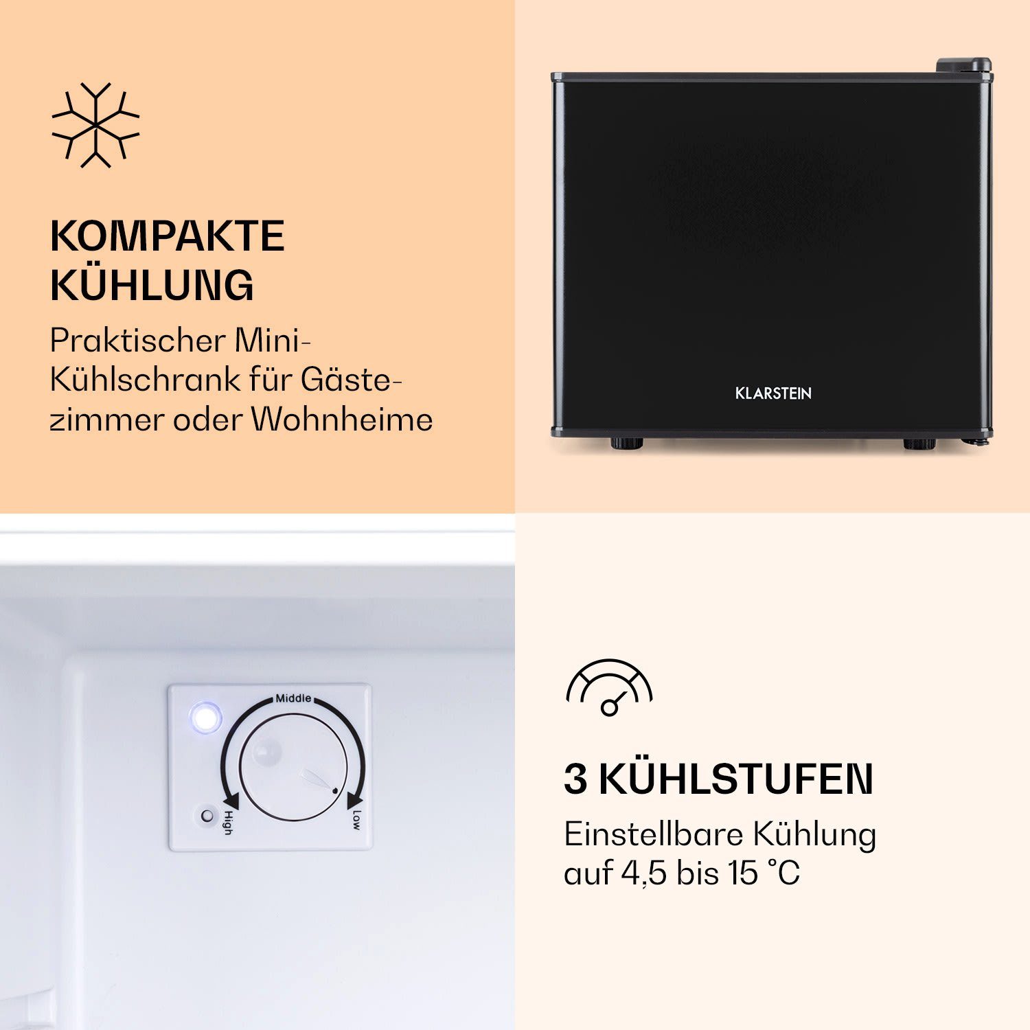 Klarstein Table Top Kühlschrank HEA6-CoolHide-Blk 10035730A, 47.5 cm hoch, 42 cm breit, Hausbar Minikühlschrank ohne Gefrierfach klein Kühlschrank Getränke