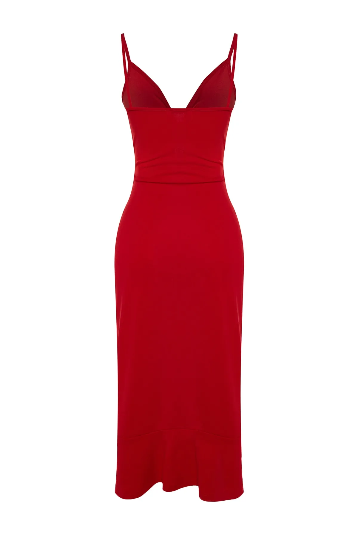 Trendyol Collection  Rotes Mini-Strickkleid aus Crêpe mit Trägerausschnitt, detailliertem Volant und herzförmigem Ausschnitt TWOSS23EL02097