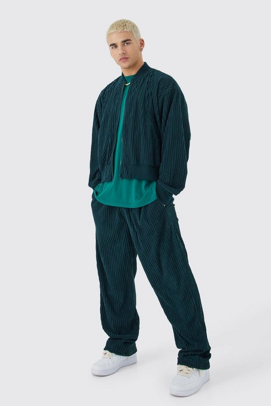 Kastige gerippte Bomberjacke & Hose mit lockerem Bund