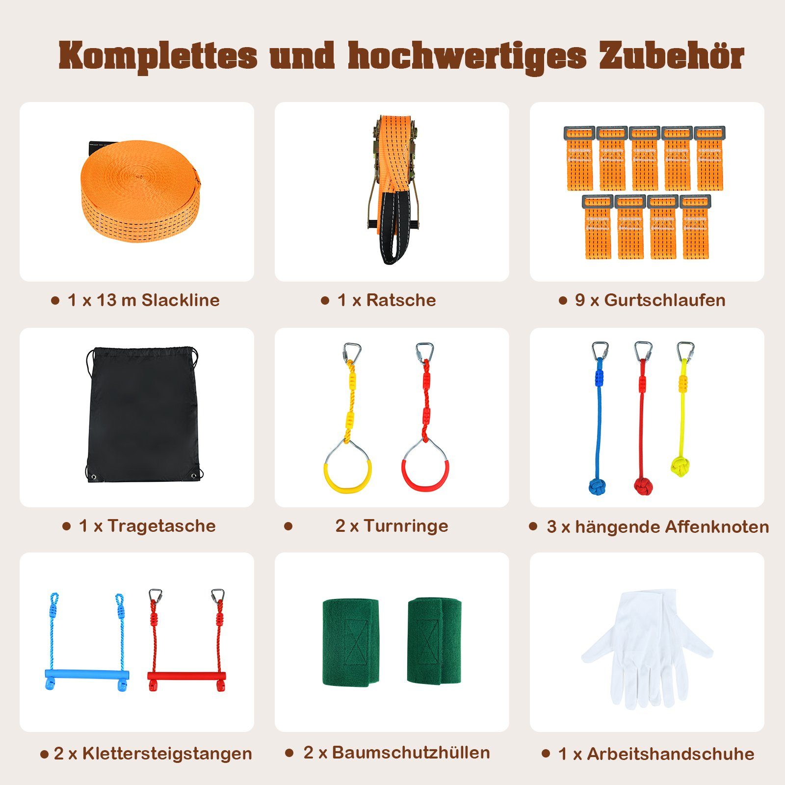COSTWAY Slackline, 13m Kinder hängend Hindernisparcours, Klettergerüst
