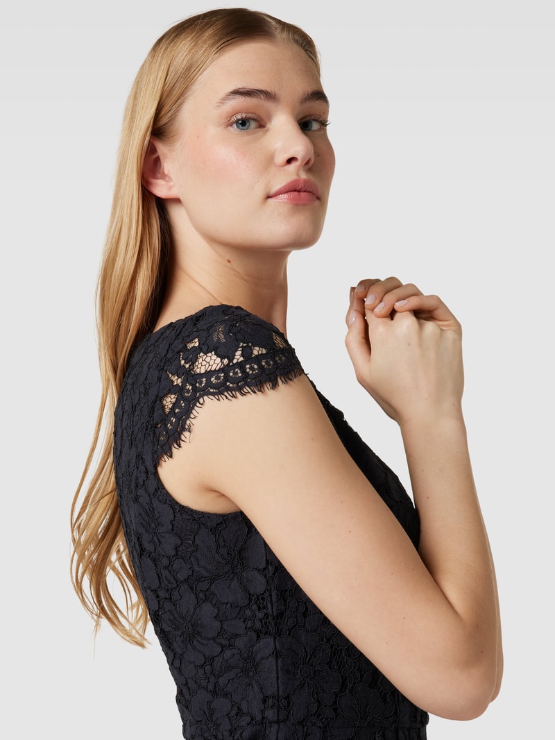 Knielanges Kleid mit floralen Stickereien in marineblau