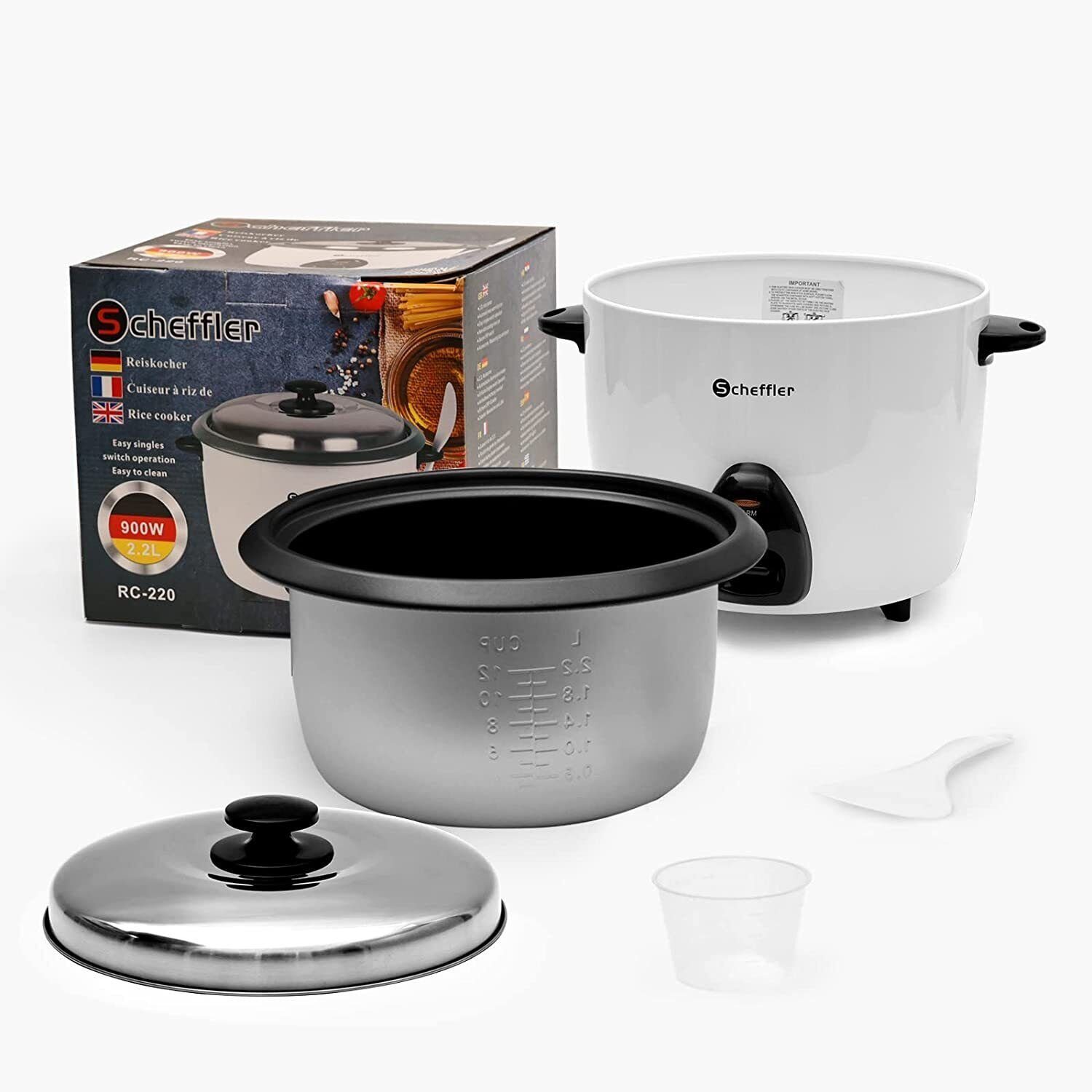Scheffler Reiskocher 1.5L-4.2L, 800-1600 W, Warmhaltefunktion, Antihaftbeschichtet, inkl. Reislöffel + Messbecher, Deckel aus Edelstahl