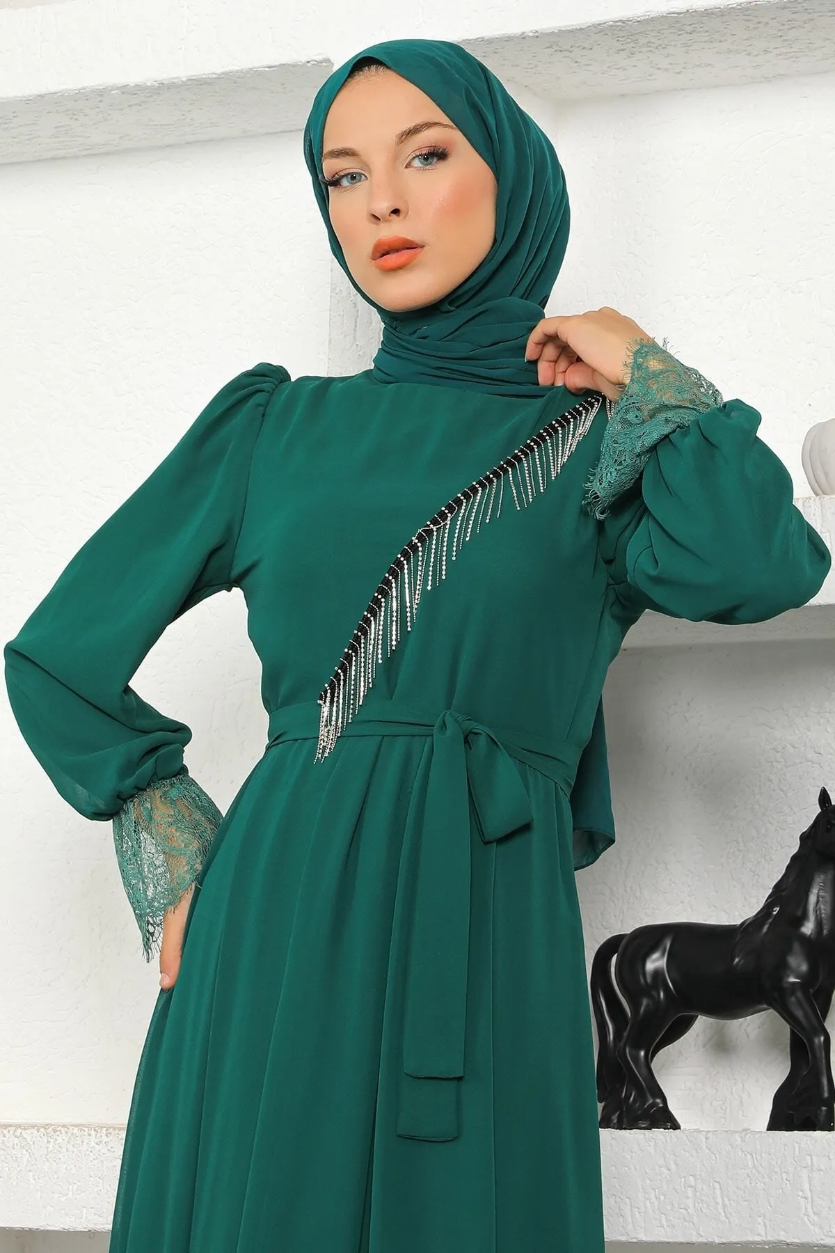 Modamihram  Steindetailliertes Chiffon-Abendkleid Smaragd 17200