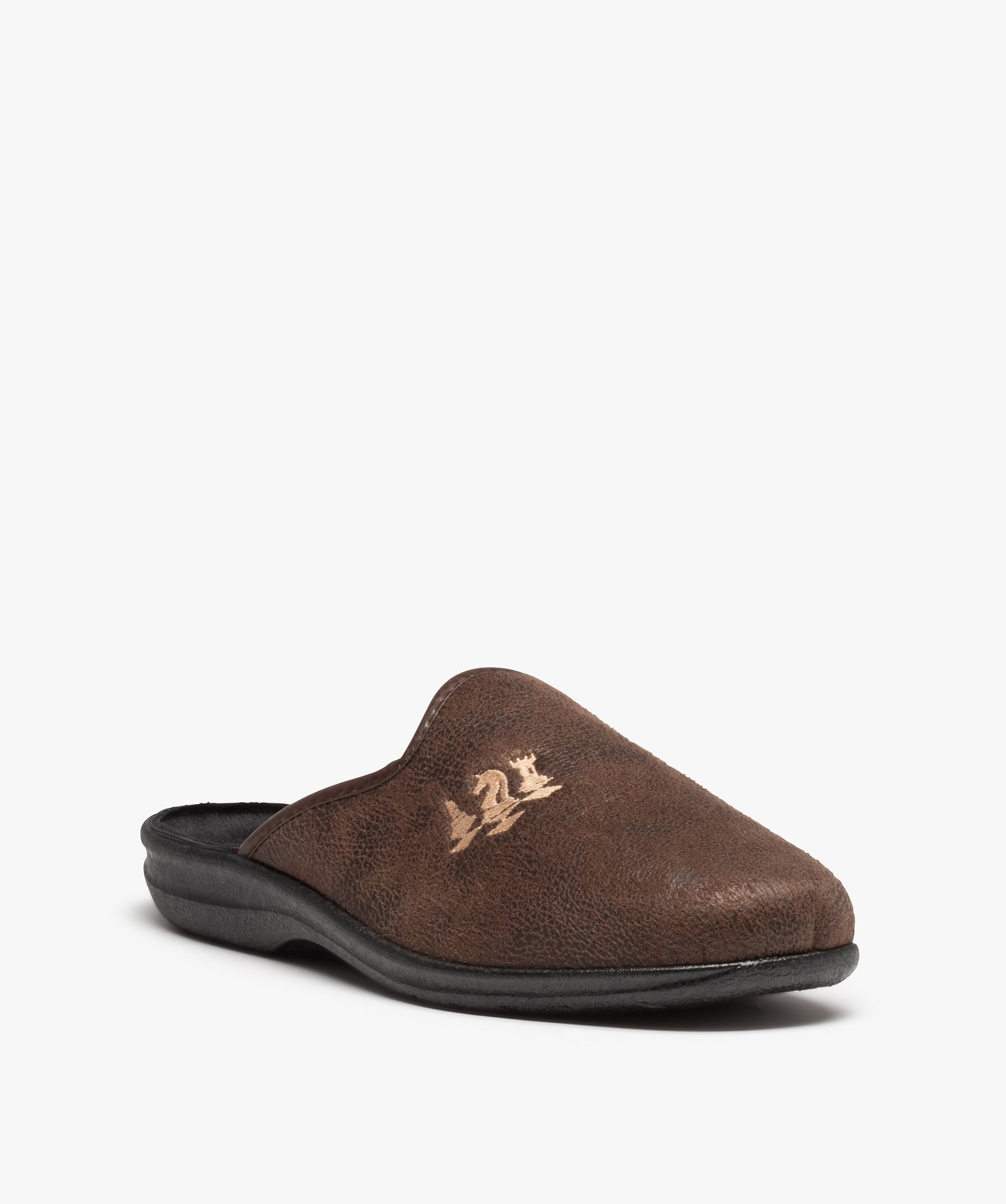 Chaussons homme mules brodées dessus cuir imitation marron | GEMO