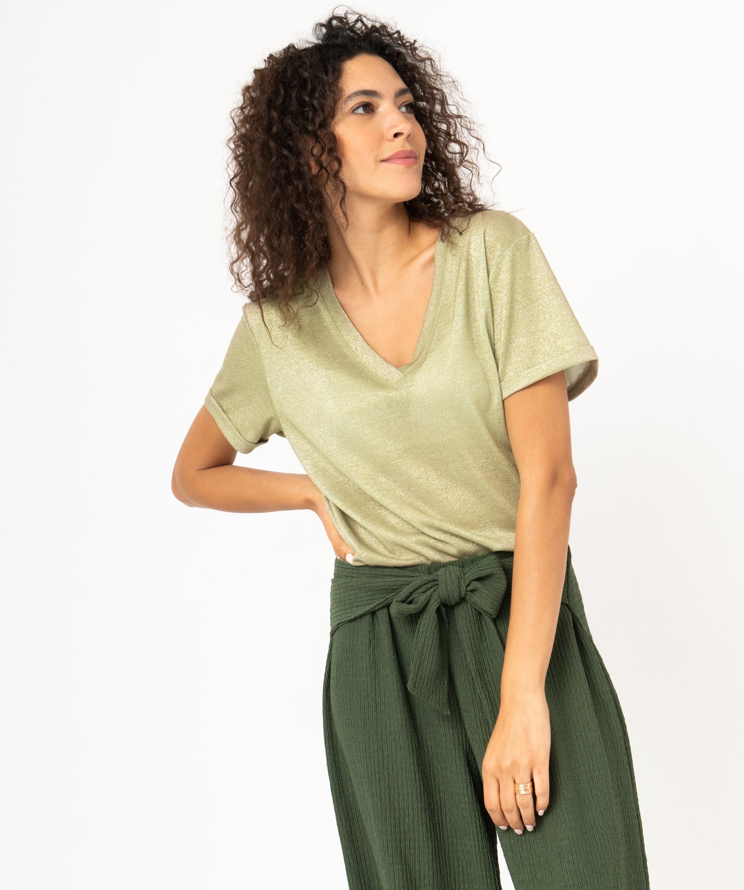Tee-shirt à manches courtes en maille pailletée femme kaki | GEMO