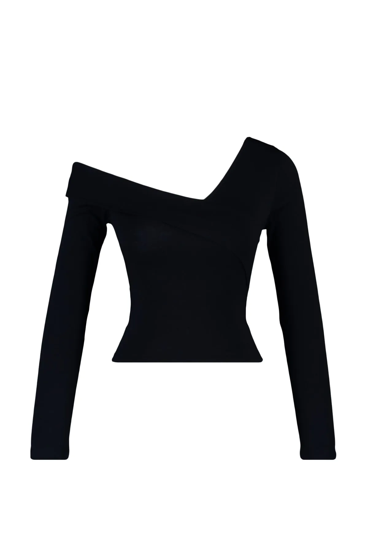 Trendyol Collection  Schwarze, taillierte, asymmetrische, dehnbare Viskose-Strickbluse TWOAW23BZ00748