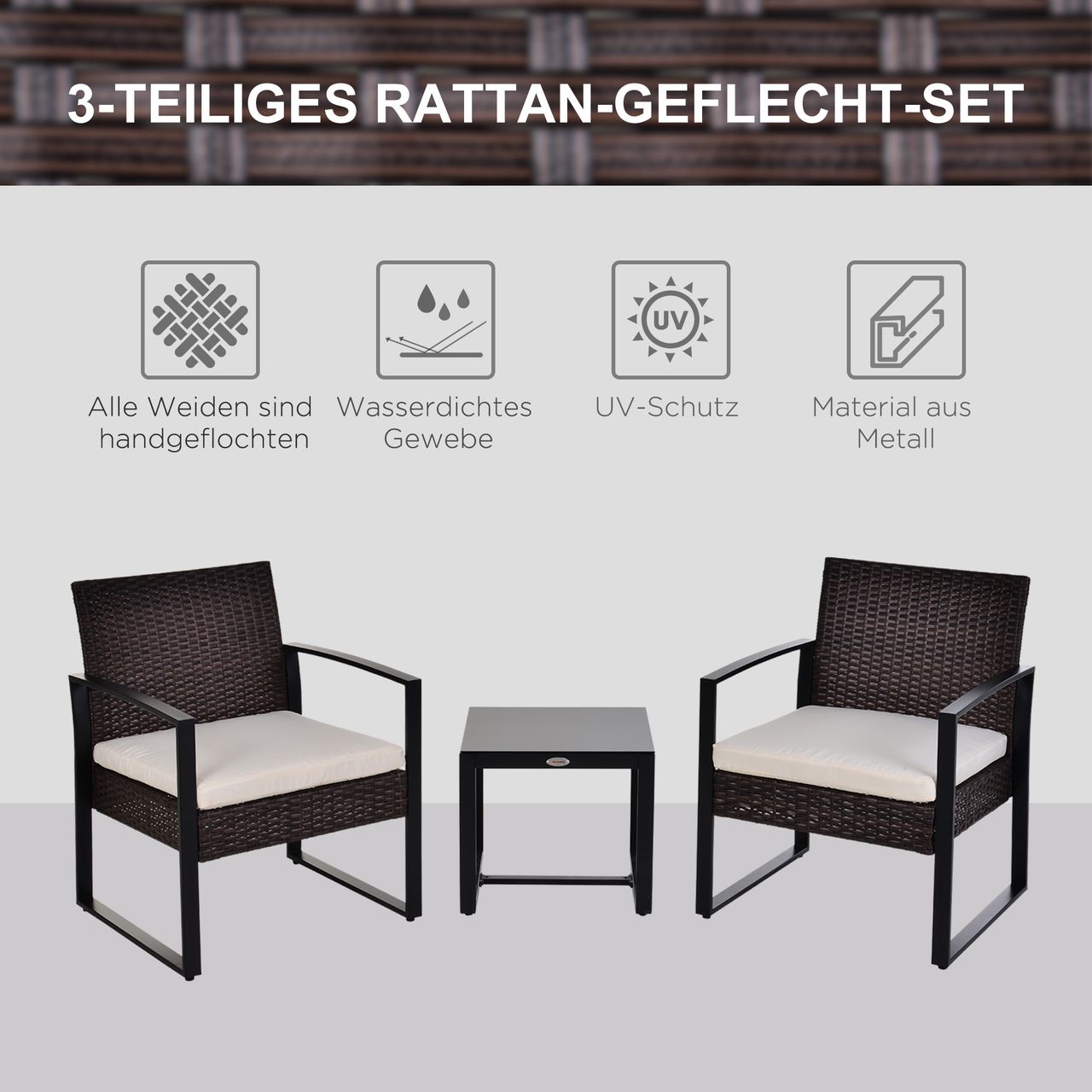 Outsunny Polyrattan Gartenset 3 tlg. Balkonmöbel Set mit Kissen Braun Creme
