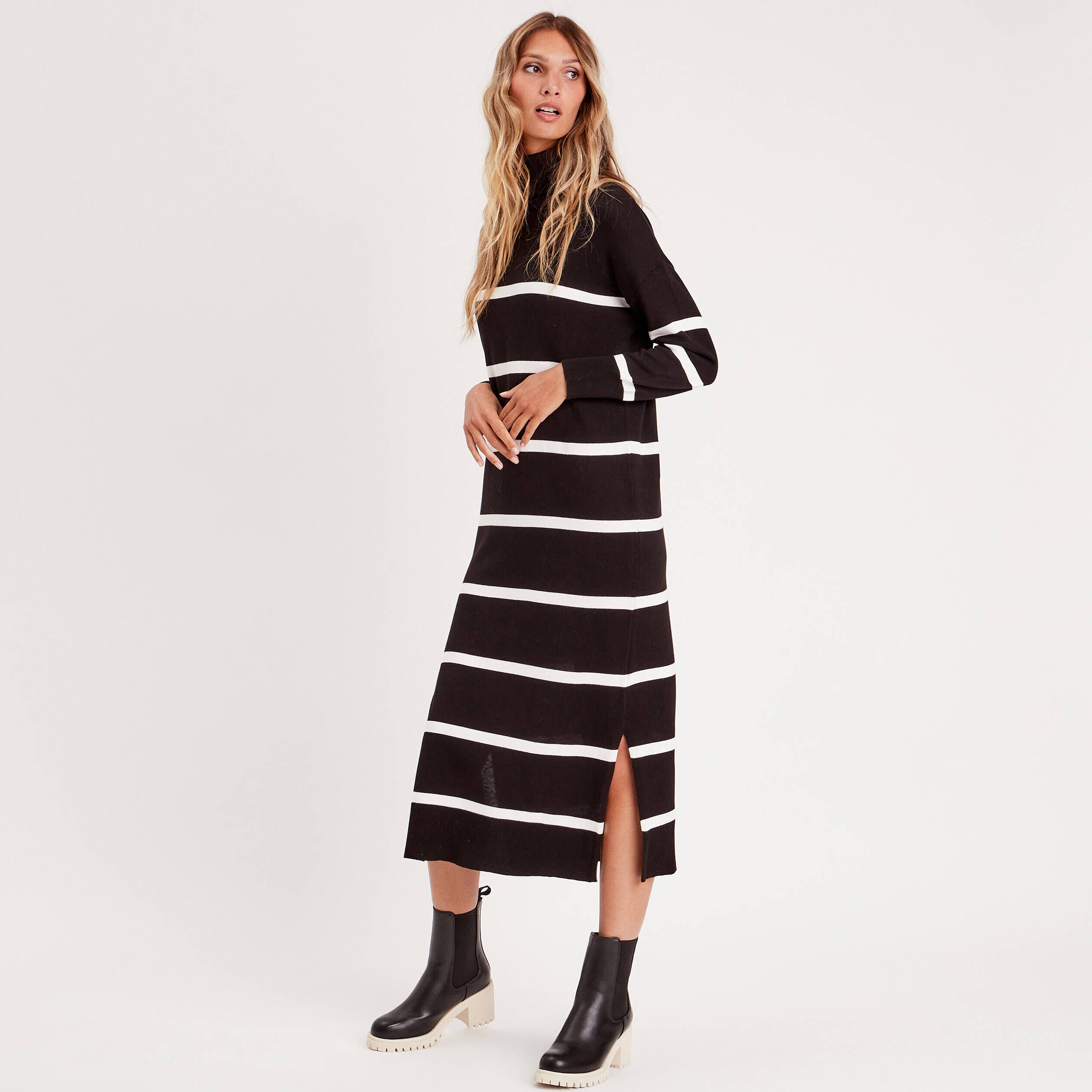Robe pull longue col roulé noir femme | Cache Cache
