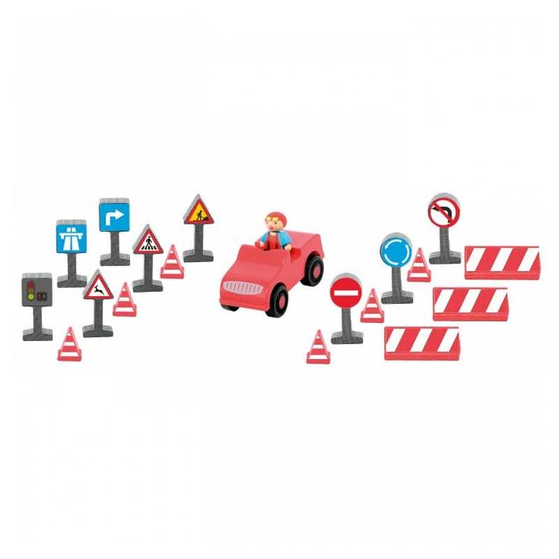Voiture et panneaux de circulation en bois