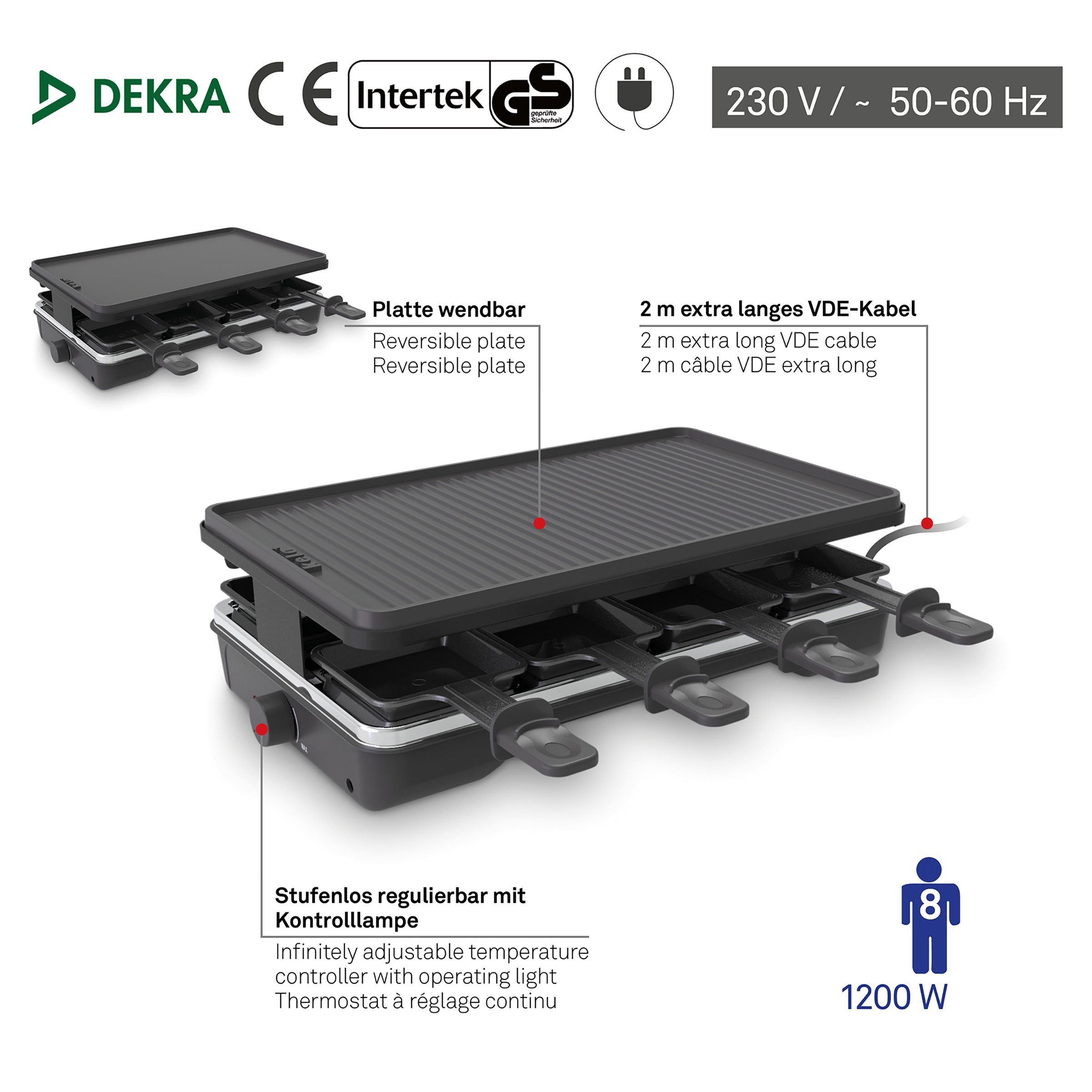 kela Raclette Geneva, 8 Raclettepfännchen, 1200,00 W, 8 Personen, drehbare Grillplatte, stufenlos regulierbar, 2m Kabel
