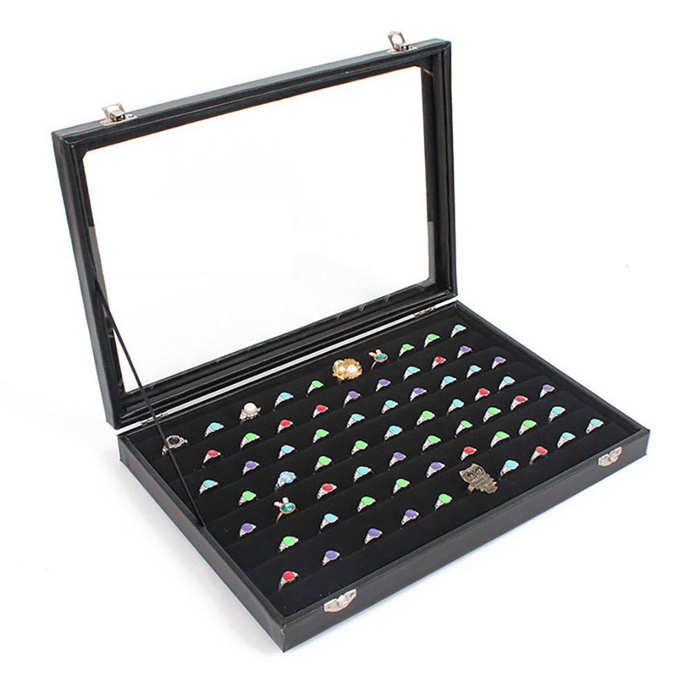 Sinoba Schmuckkasten Schmucklade Schmuckkästchen Schmuckbox für Ringe Ketten Ohrringe, Holz-Korpus, Velours-Bezug, mit Echtglas-Deckel