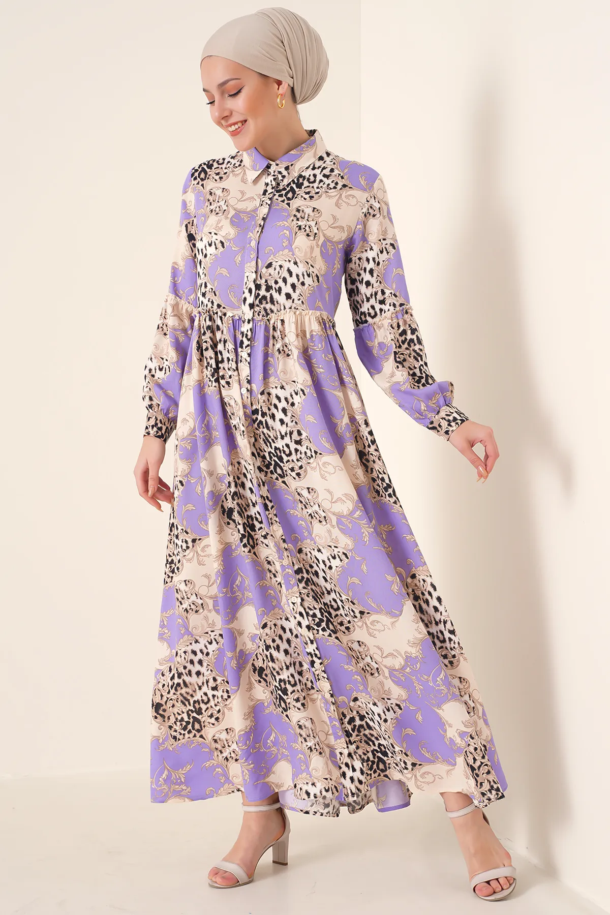 Bigdart  2295 Hijab-Kleid mit Hemdkragen – Flieder