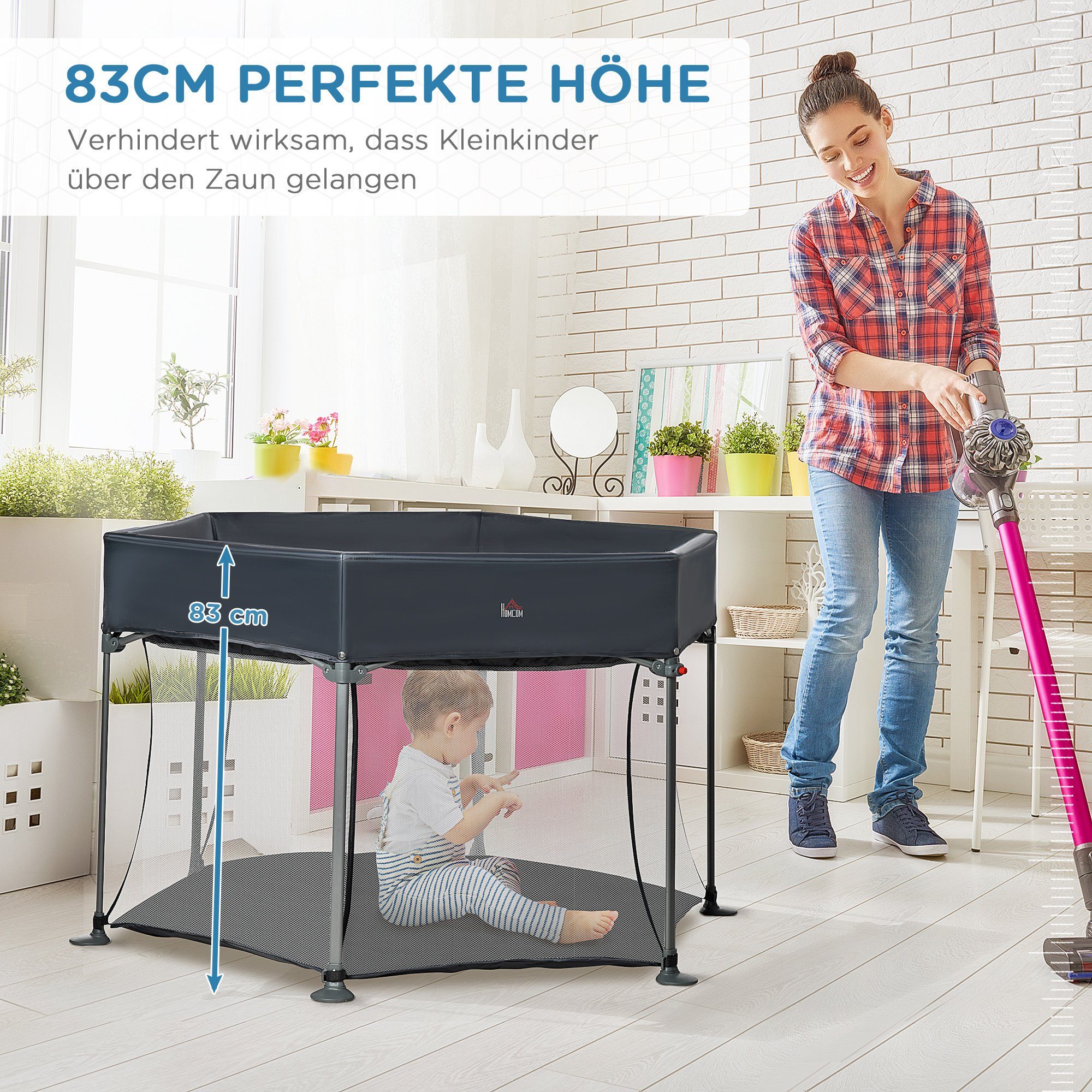 HOMCOM Laufgitter Laufstall klappbar tragbar 134 cm x 134 cm x 83 cm Mesh PP Grau (Set, 1-tlg), zusammenklappbar