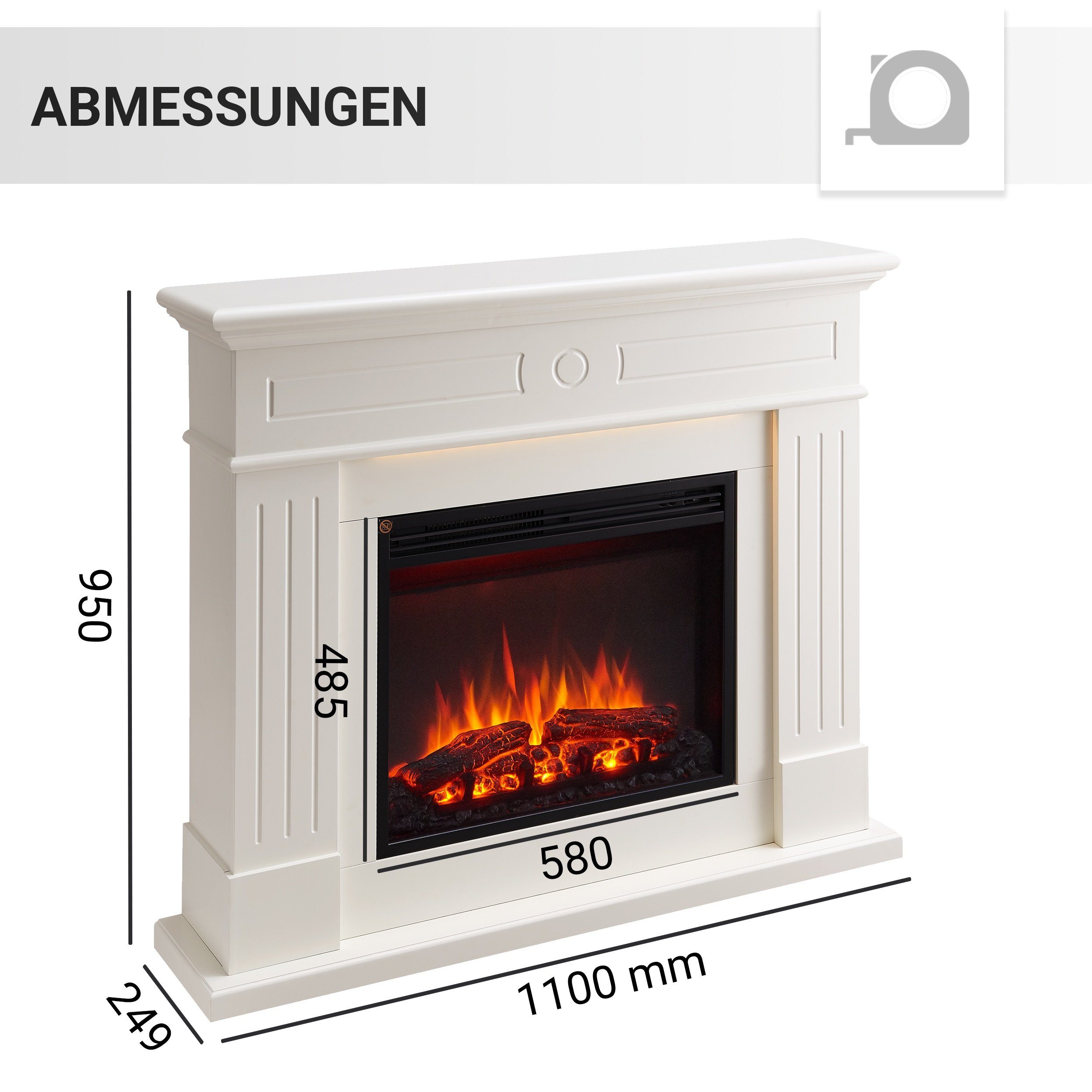 CrownFlame Elektrokamin Leandros, Standkamin mit Heizung 2000W, Heizung, LED-Beleuchtung, 3D-Flammeneffekt & Fernbedienung