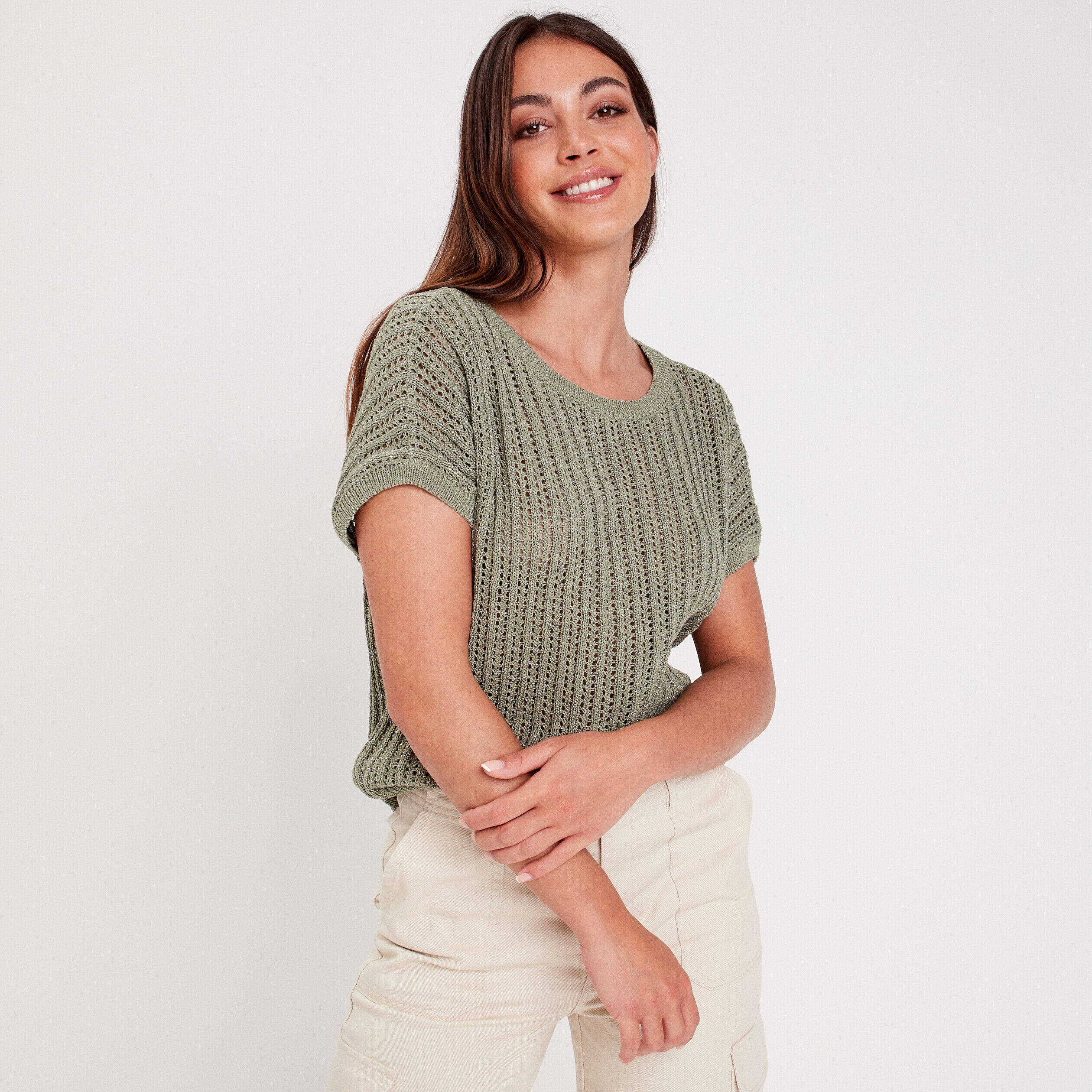 Pull ajouré manches courtes vert kaki femme | Cache Cache