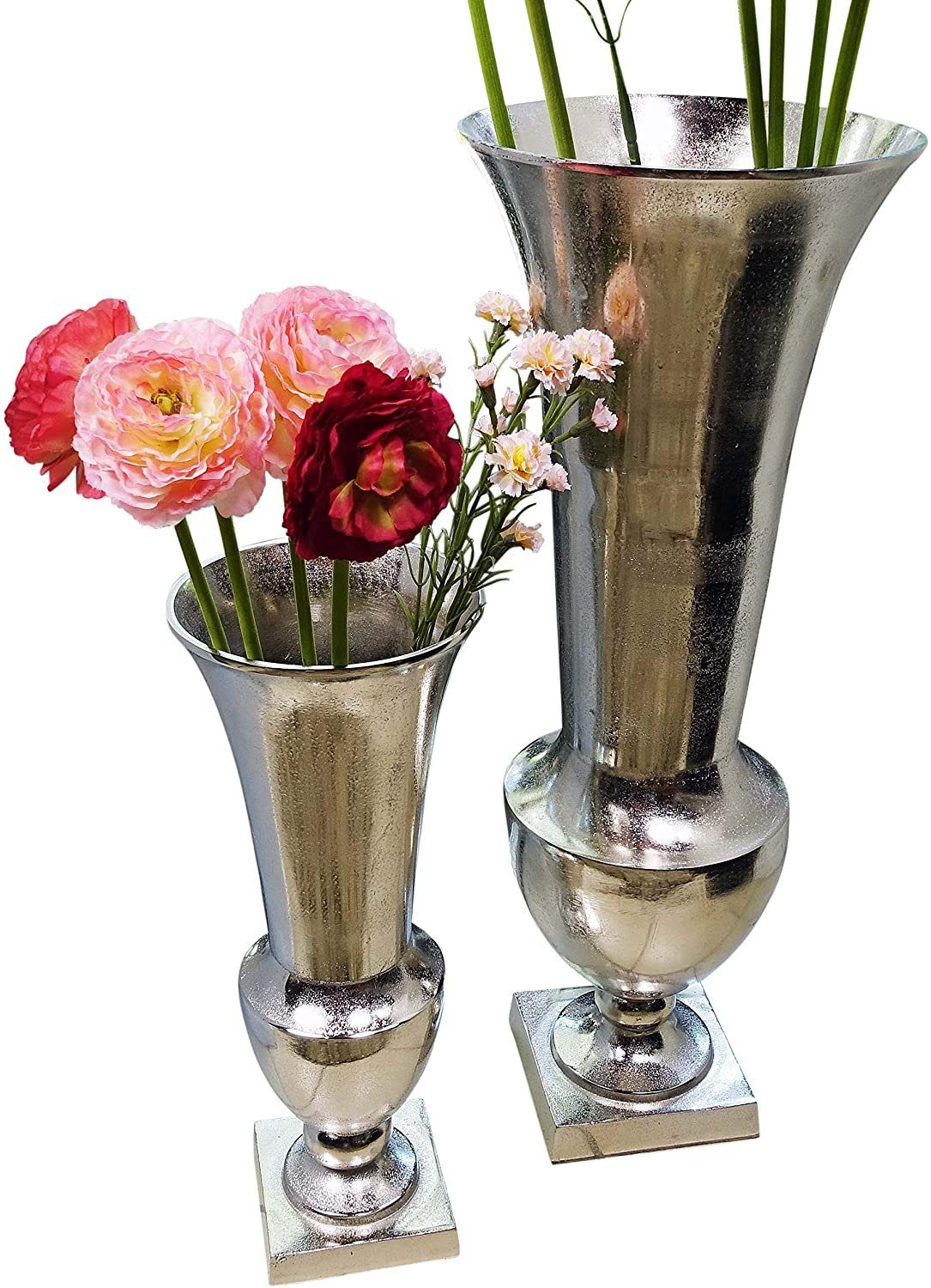 MichaelNoll Dekovase Vase Blumenvase Gefäß Pokalvase Dekovase Groß Aluminium Silber Groß - Bodenvase für Kunstblumen und Pampasgras - 52 cm / 80 cm