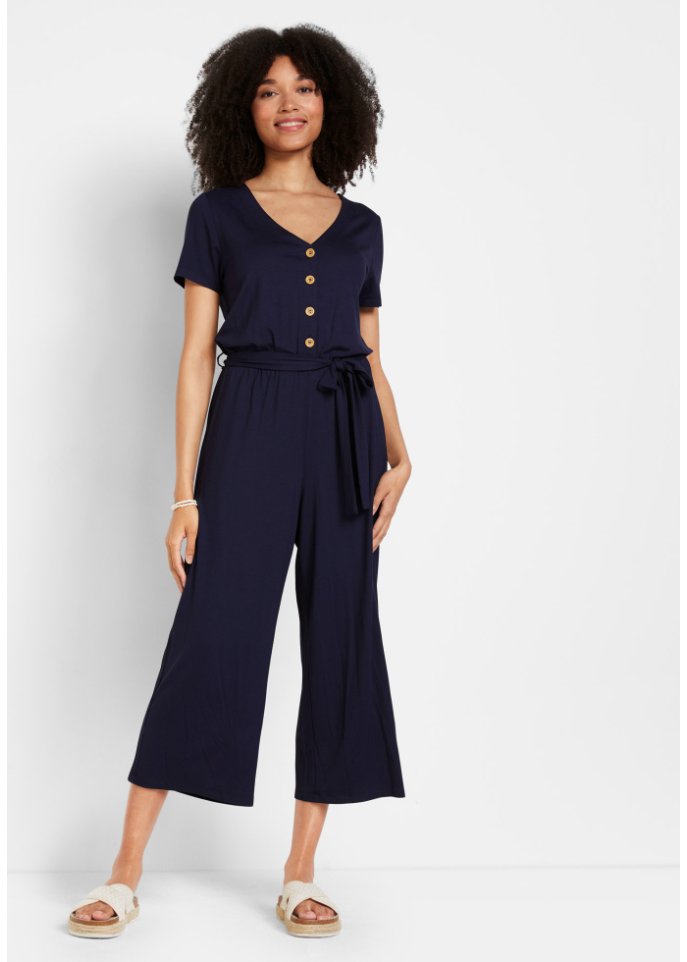 Jersey-Jumpsuit mit V-Ausschnitt, kurzarm