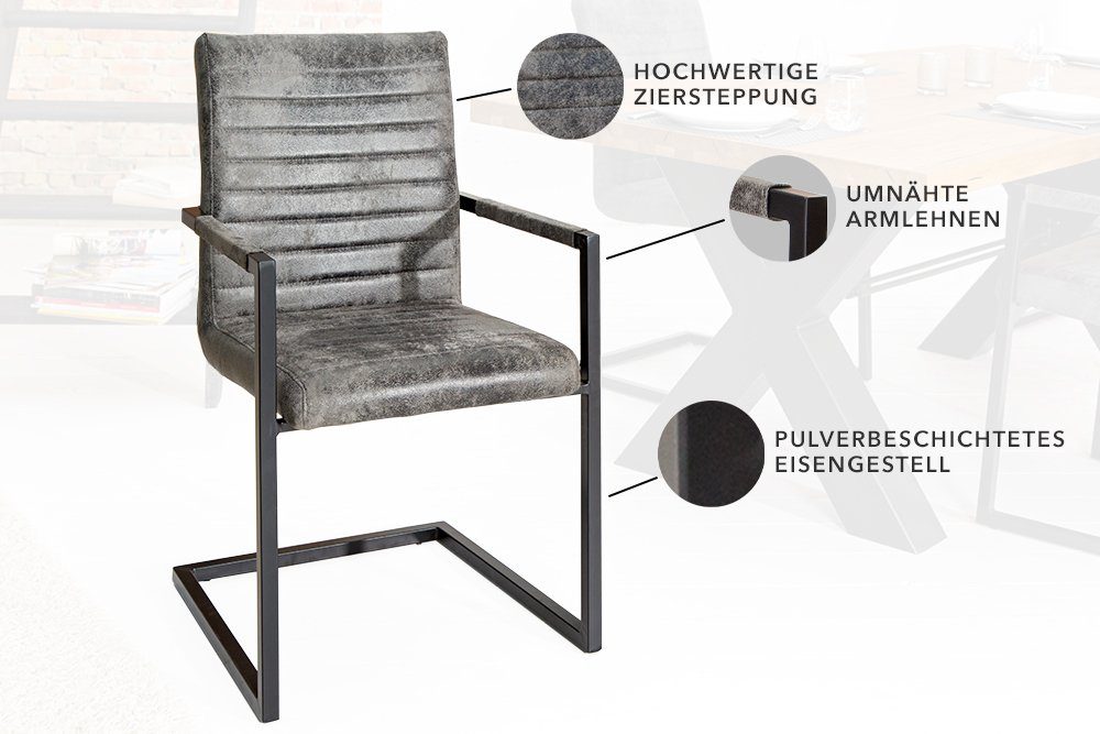 riess-ambiente Freischwinger LOFT vintage grau / schwarz (Einzelartikel, 1 St), Esszimmer · Microfaser · Metall · mit Armlehne · Industrial