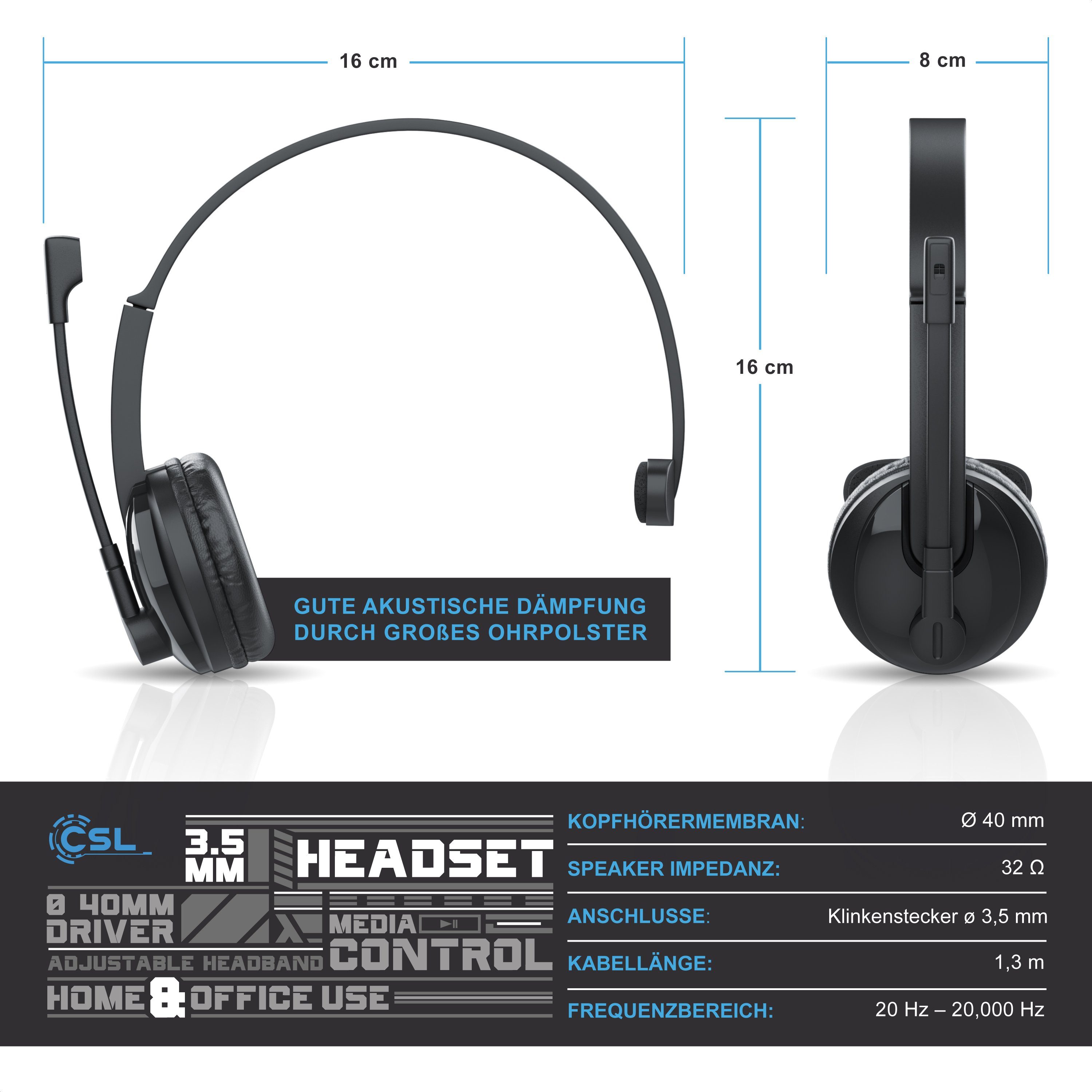 CSL Headset (Beweglicher Mikrofonarm; freisprechen; Chat Callcenter; Auto LKW; PC; Smartphone; PS4; PS5, Mikrofon, PC Office Kopfhörer, 3,5 mm Klinke, große Ohrpolster)