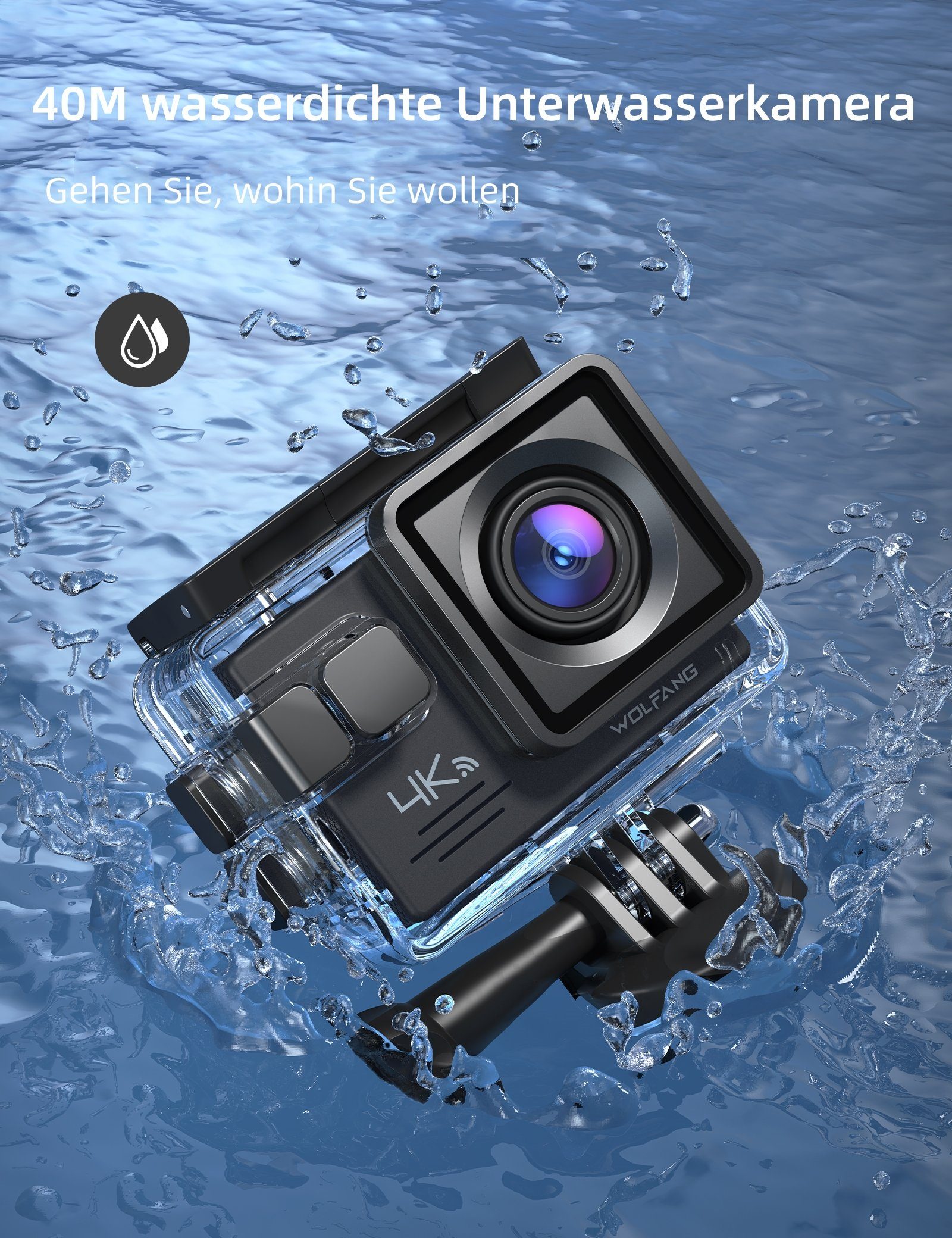 WOLFANG Action Cam (FULL HD, 4K 20MP, 40M wasserdicht, Wi-Fi, Externes Mikrofon, Fernbedienung)