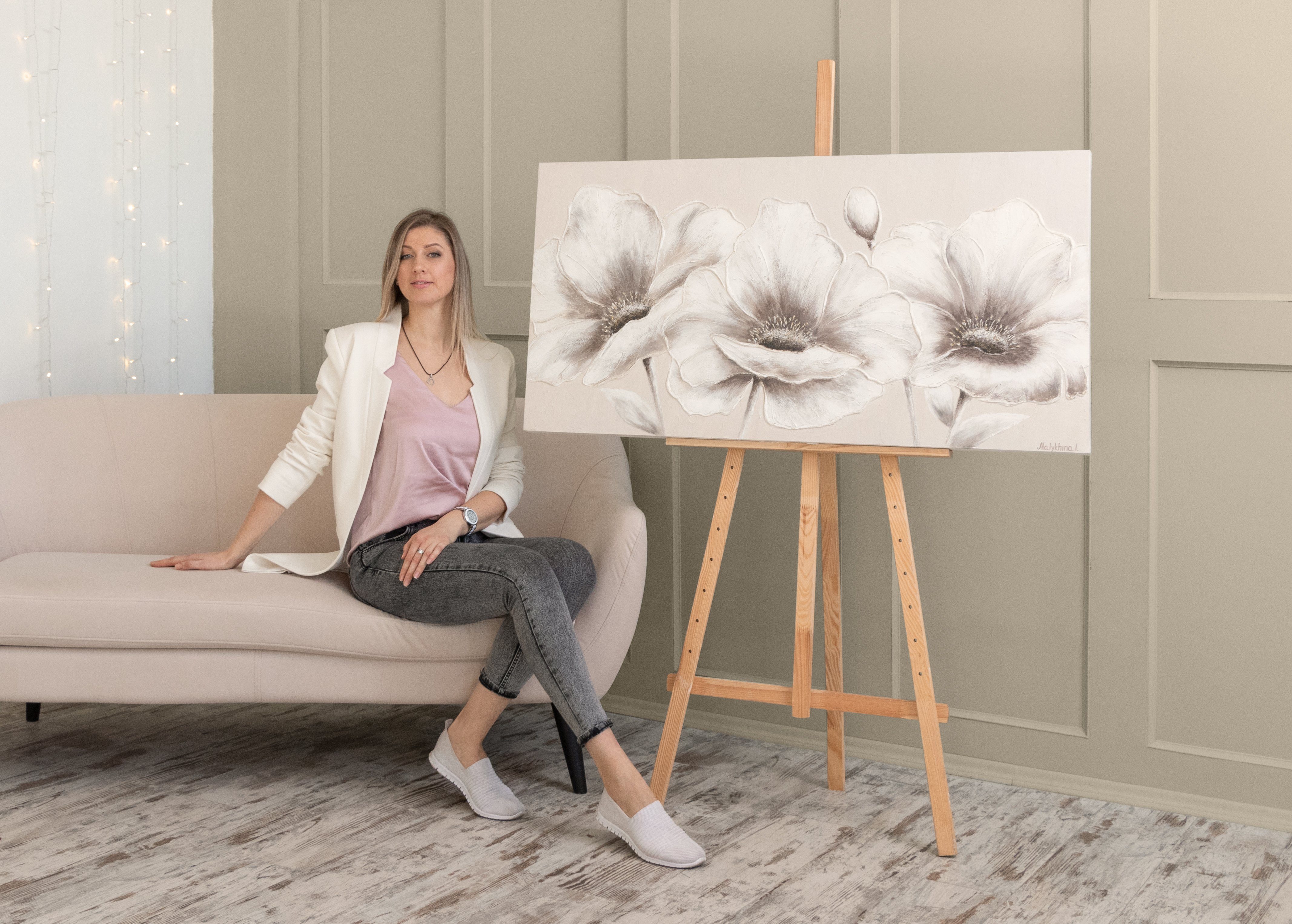 YS-Art Gemälde Blumen II, Blumen, Blumen auf Leinwand Bild Handgemalt Beige Weiß Schwarz