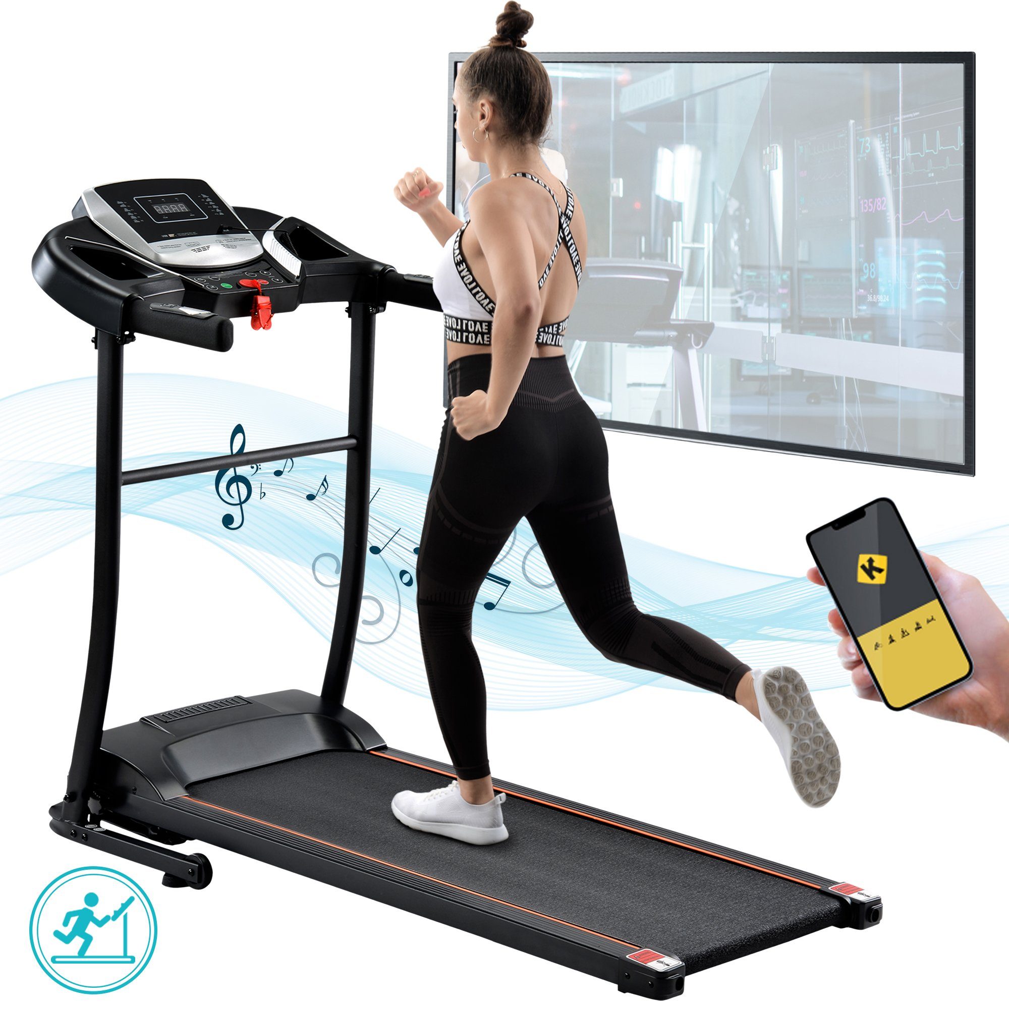 Ulife Laufband Schwarzes klappbares Laufgerät mit Kinomap-App-Programm ULife (Packung), 0,8-12 km/h, LED Bildschirm, USB-Anschluss, AUS-Anschlus