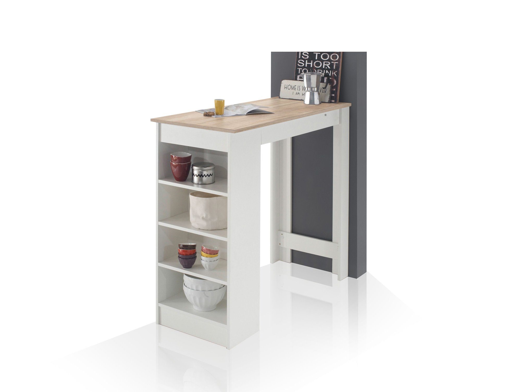 Moebel-Eins Bartisch, MACARENA Bartisch mit seitlichem Regal, Material Dekorspanplatte