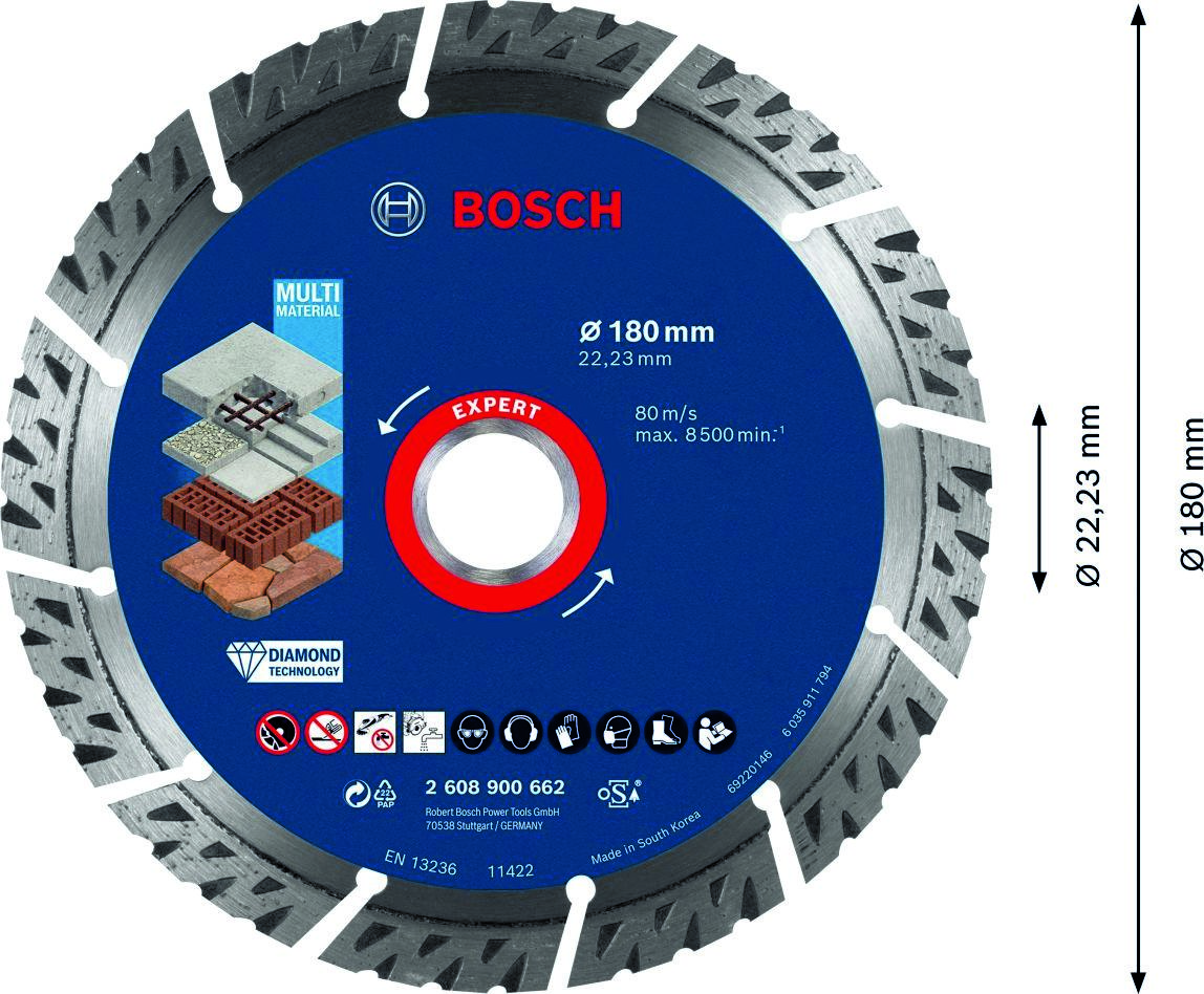 Bosch Blue Zubehör 2608900662 Expert MultiMaterial Diamanttrennscheibe 180 x 22,23 x 2,4 x 12 mm