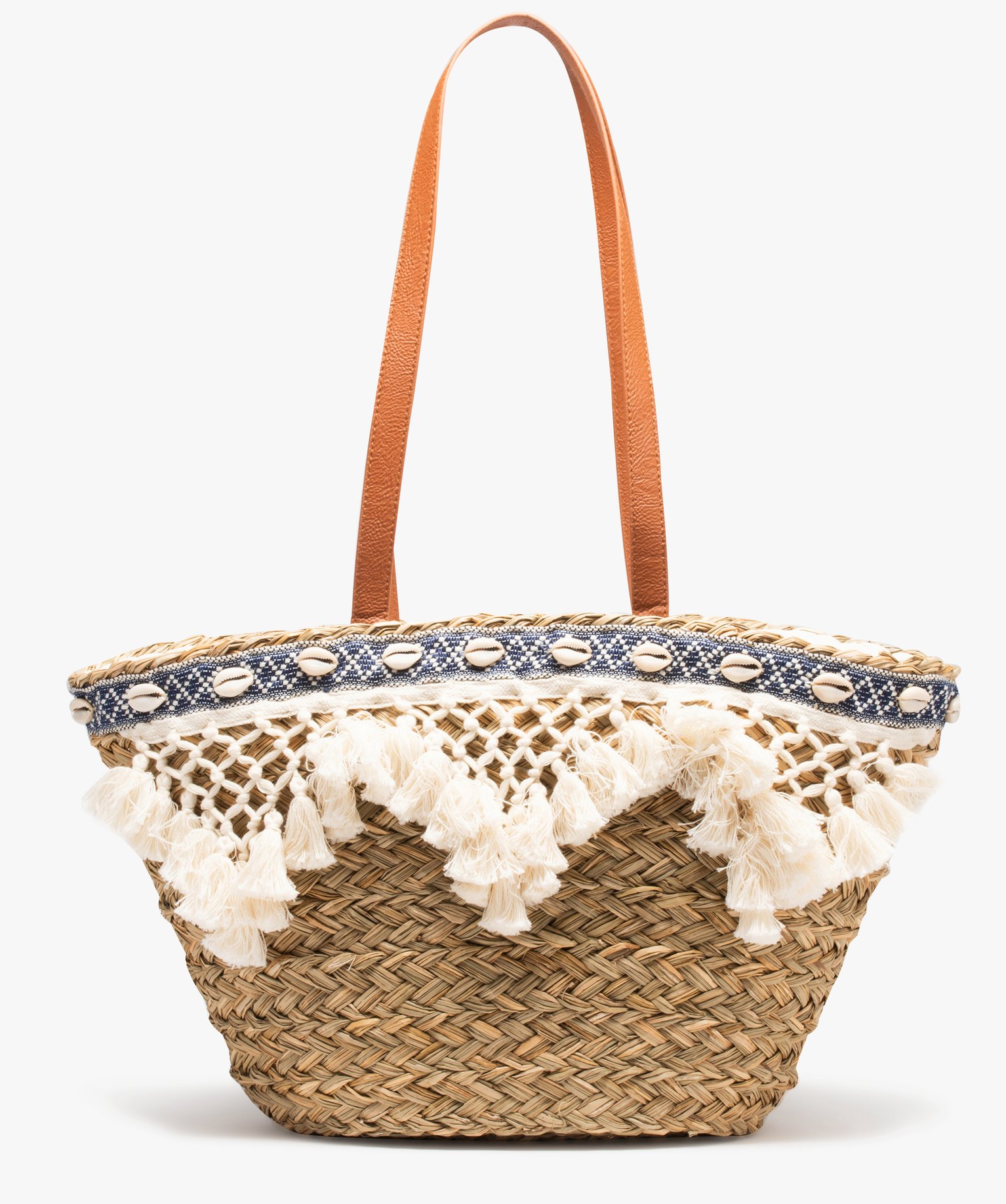 Sac de plage femme en paille avec pompons et coquillages beige | GEMO