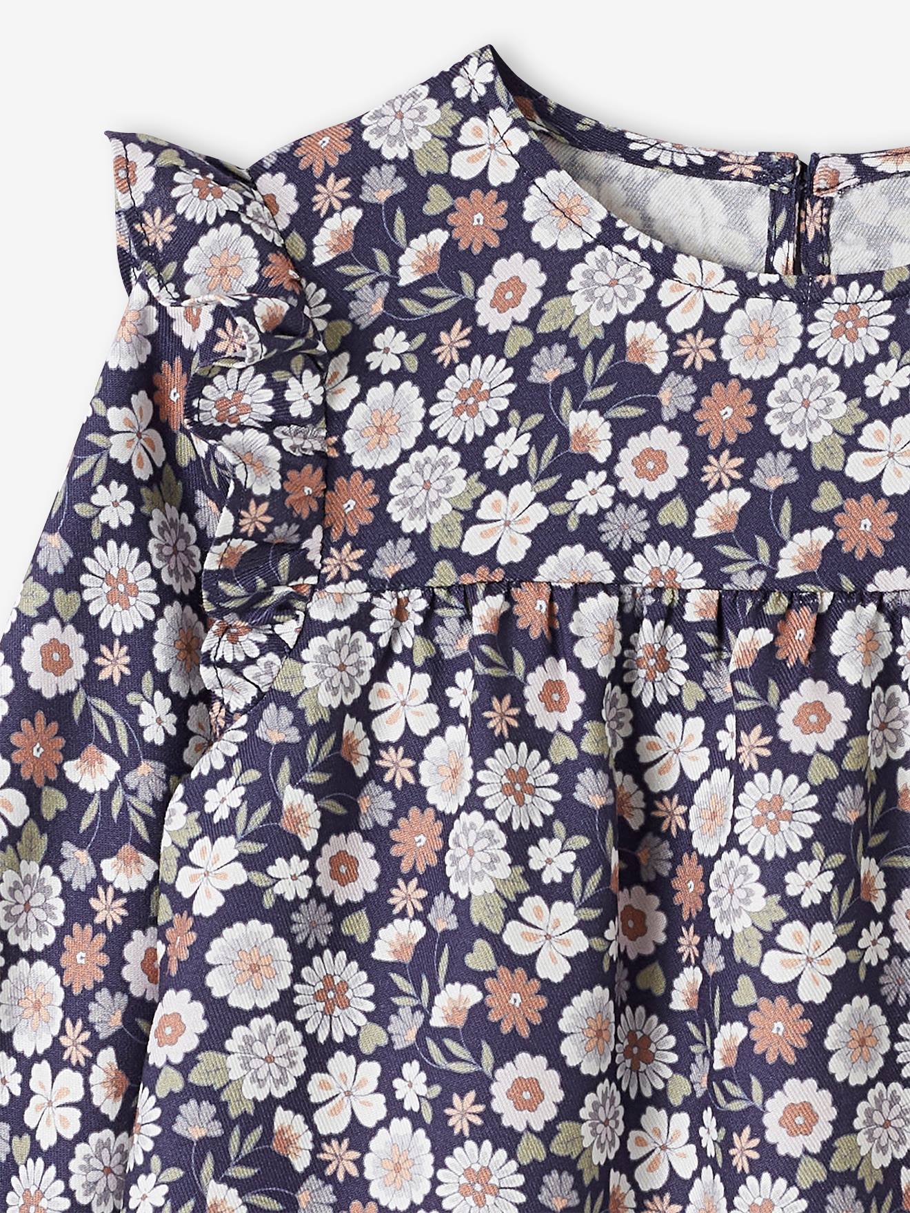Robe imprimée fleurs manches volantées fille bleu nuit