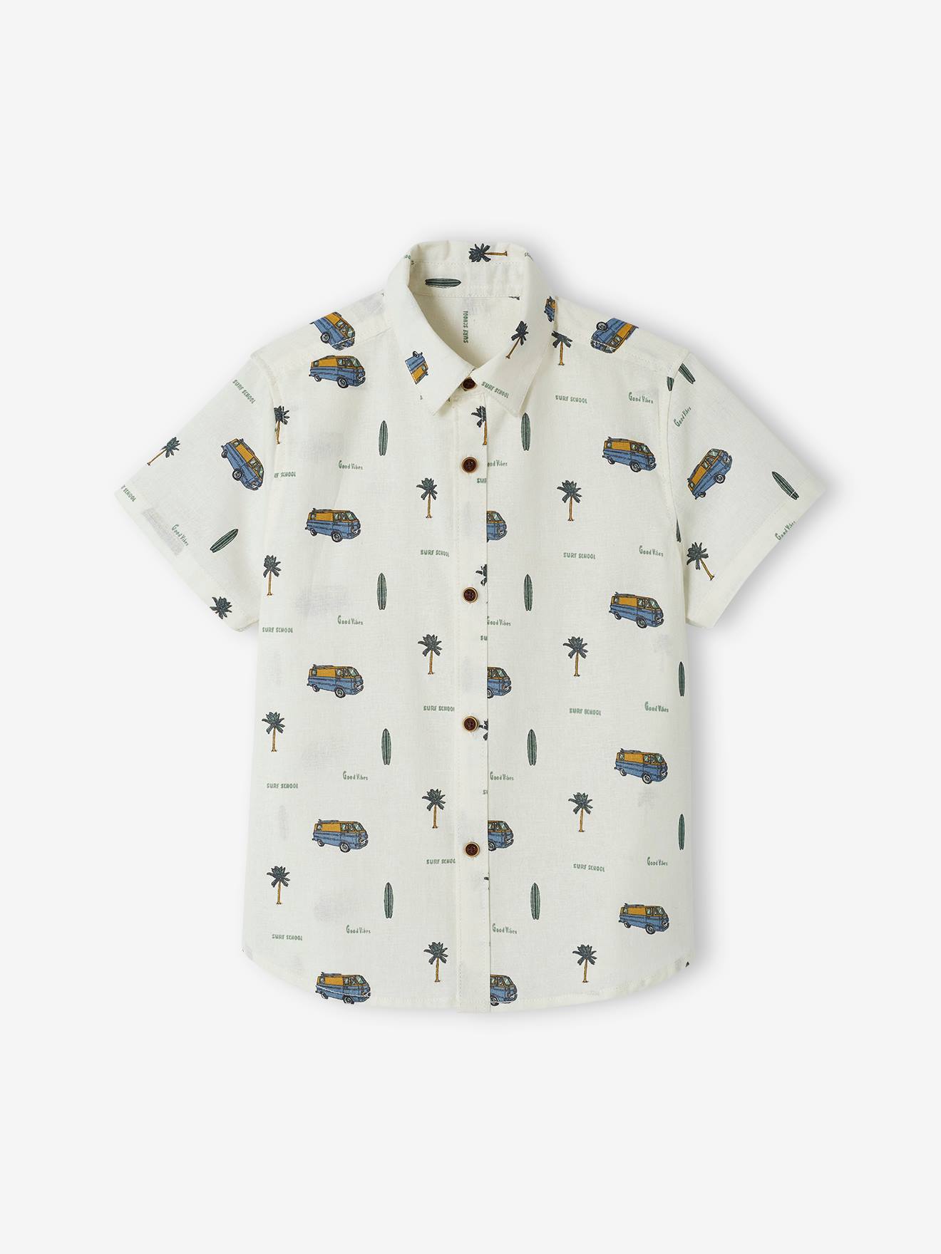 Chemise manches courtes motifs style surfwear garçon avec touche de lin blanc imprimé