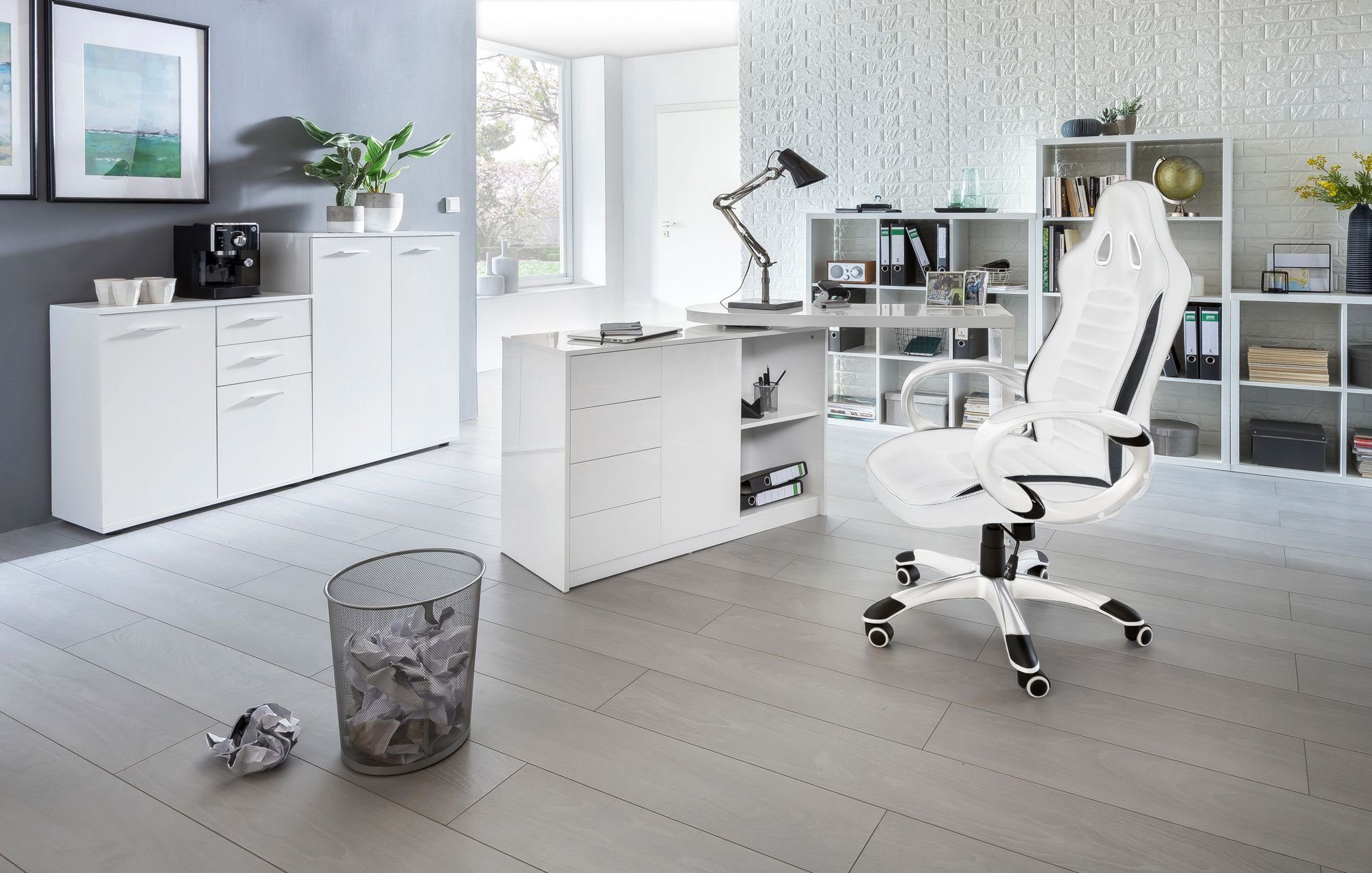 FINEBUY Gaming Chair SuVa1208_1 (Kunstleder Weiß Chefsessel mit Armlehne 110 kg), Bürostuhl Lederoptik Drehstuhl Schreibtischstuhl